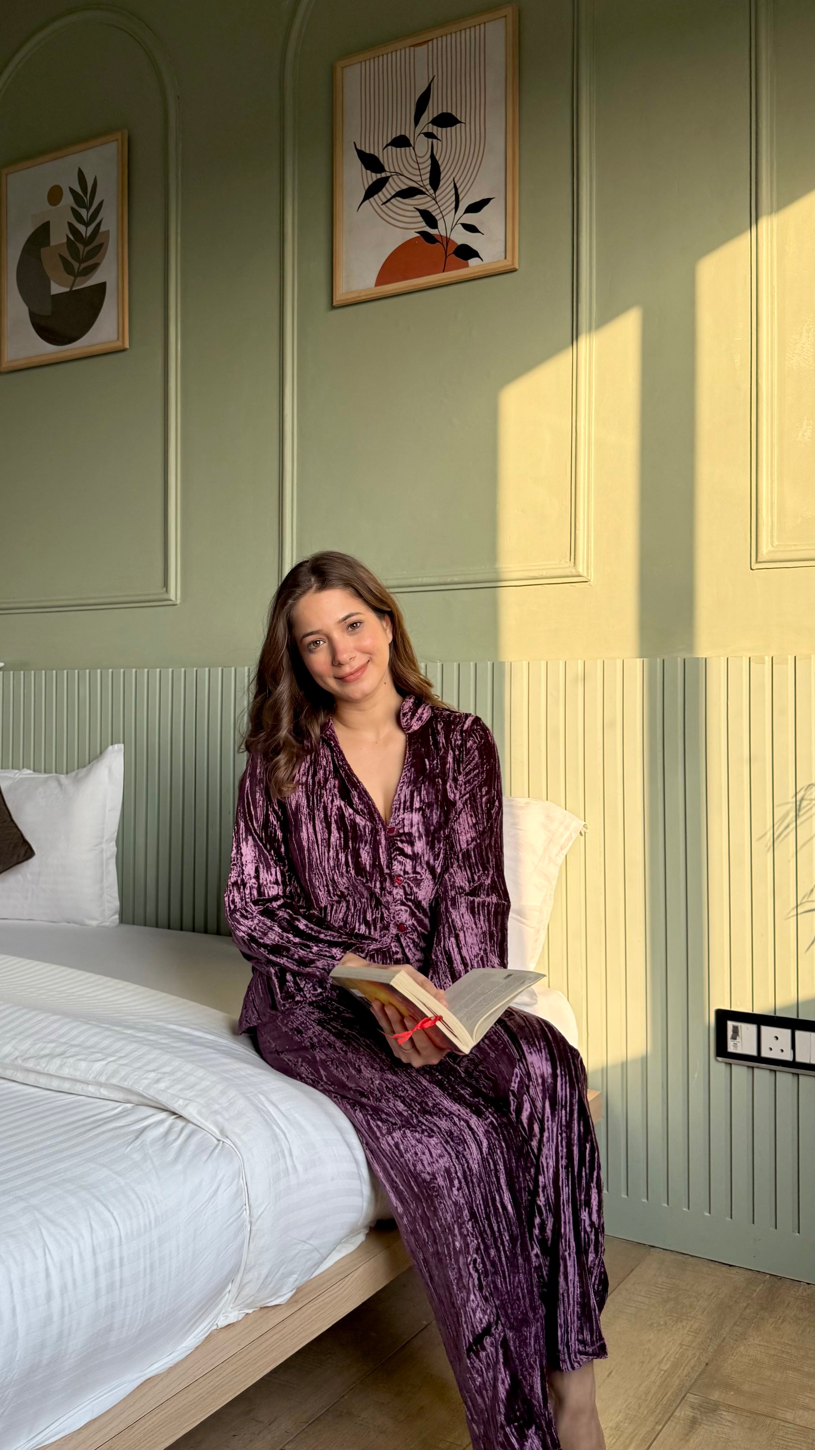 Purple Color Shirt Collar Velvet Night Set for Women