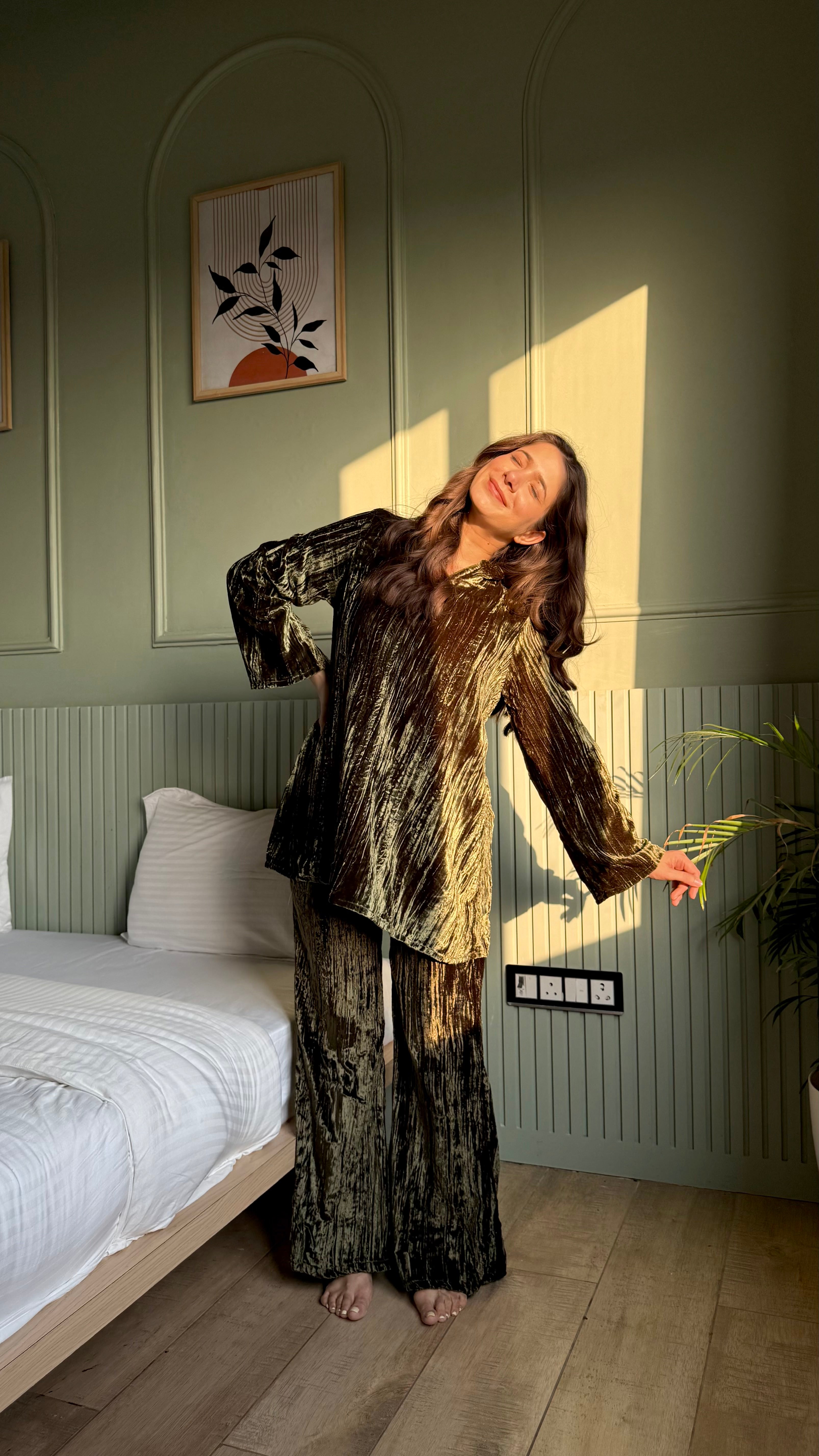 Olive Color V-Neck Night Suit Set for Women