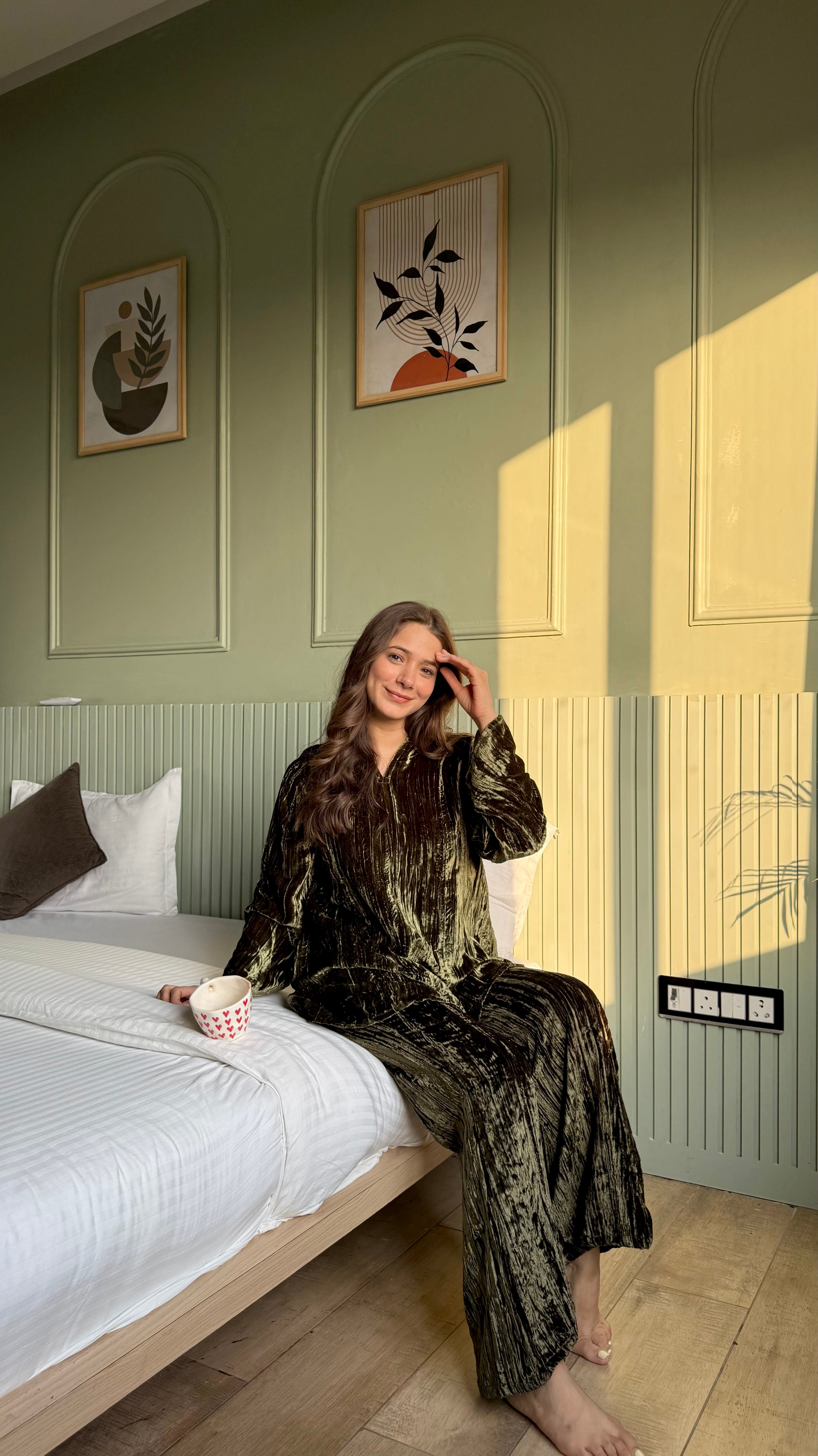 Olive Color V-Neck Night Suit Set for Women