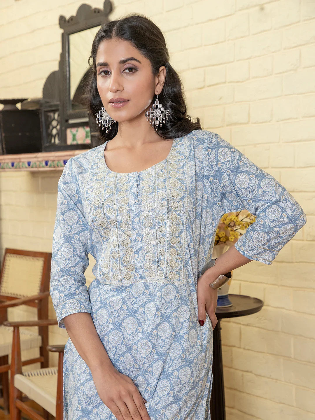 Blue Flower Printed Round Neck Cotton Kurta Set - SanskrutiHomes