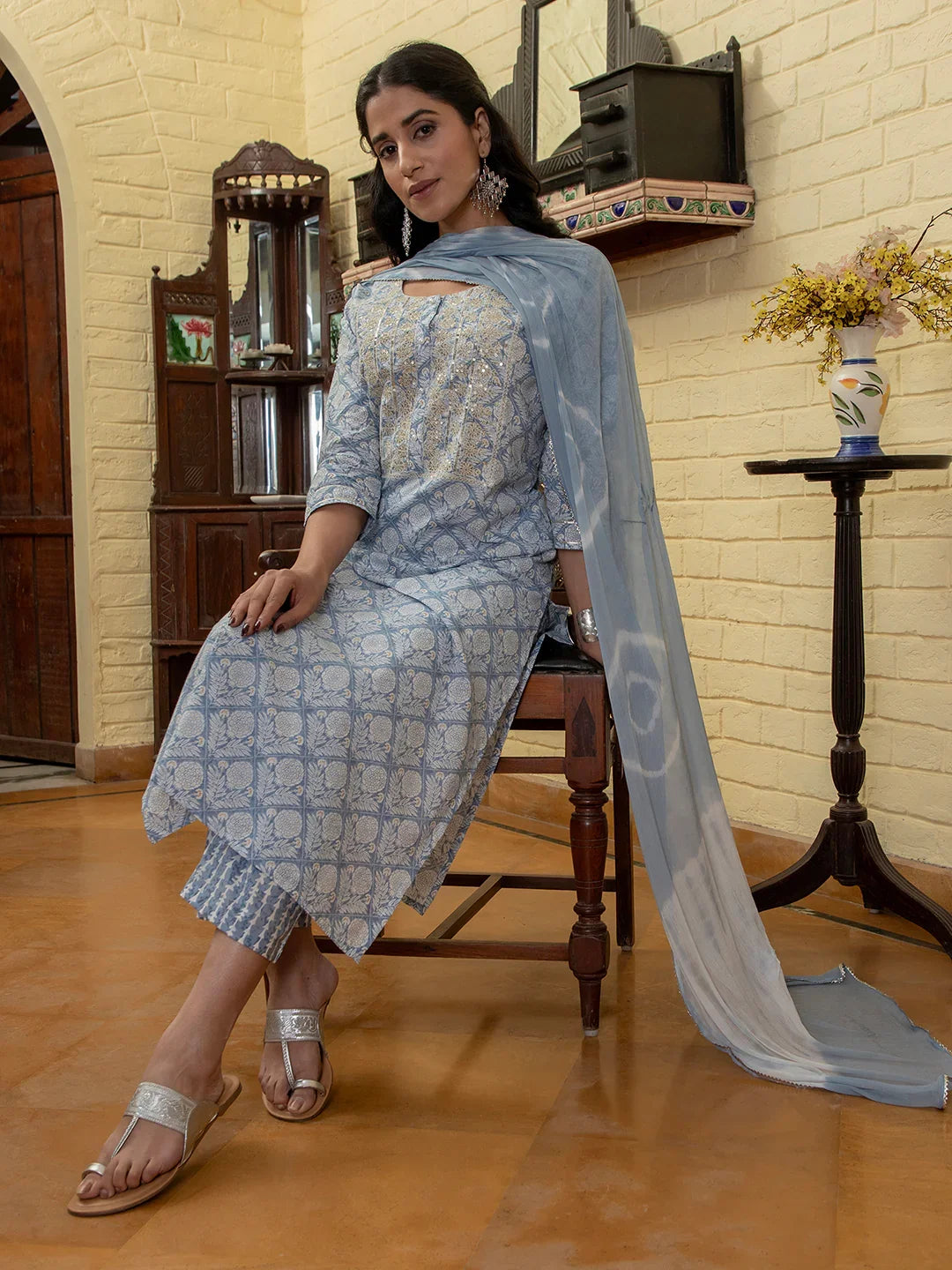Blue Flower Printed Round Neck Cotton Kurta Set - SanskrutiHomes