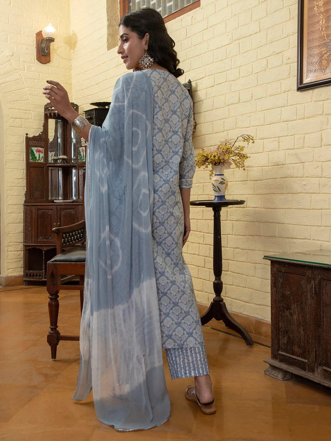 Blue Flower Printed Round Neck Cotton Kurta Set - SanskrutiHomes
