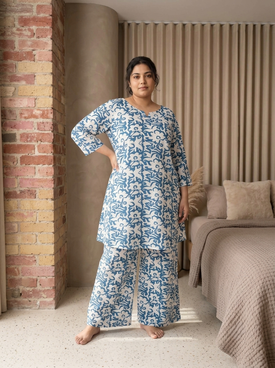 Blue Floral Notch Neck Cotton Plus Size Night Suit For Women