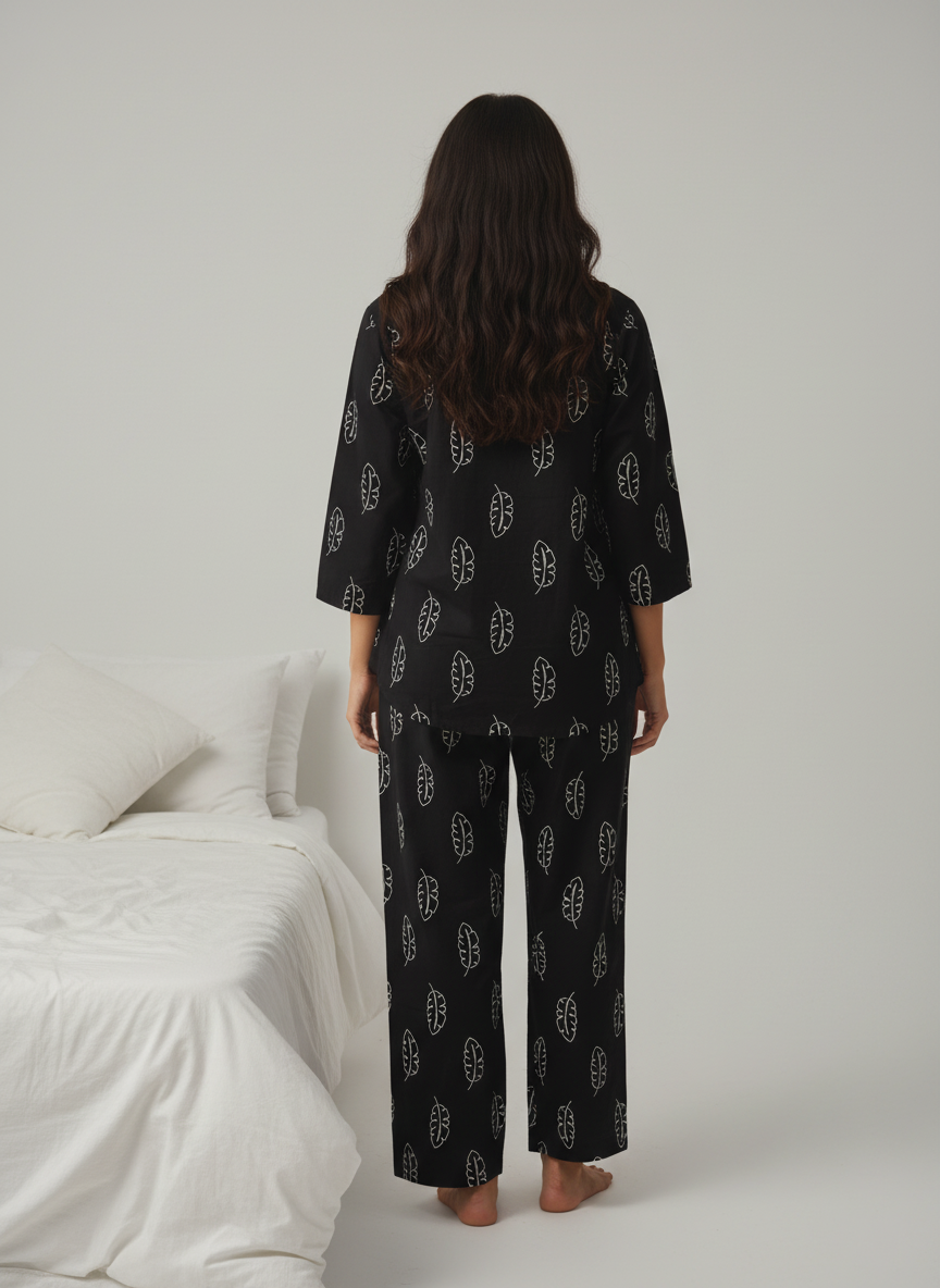 Black Printed Viscose Rayon Round Neck night suit for women