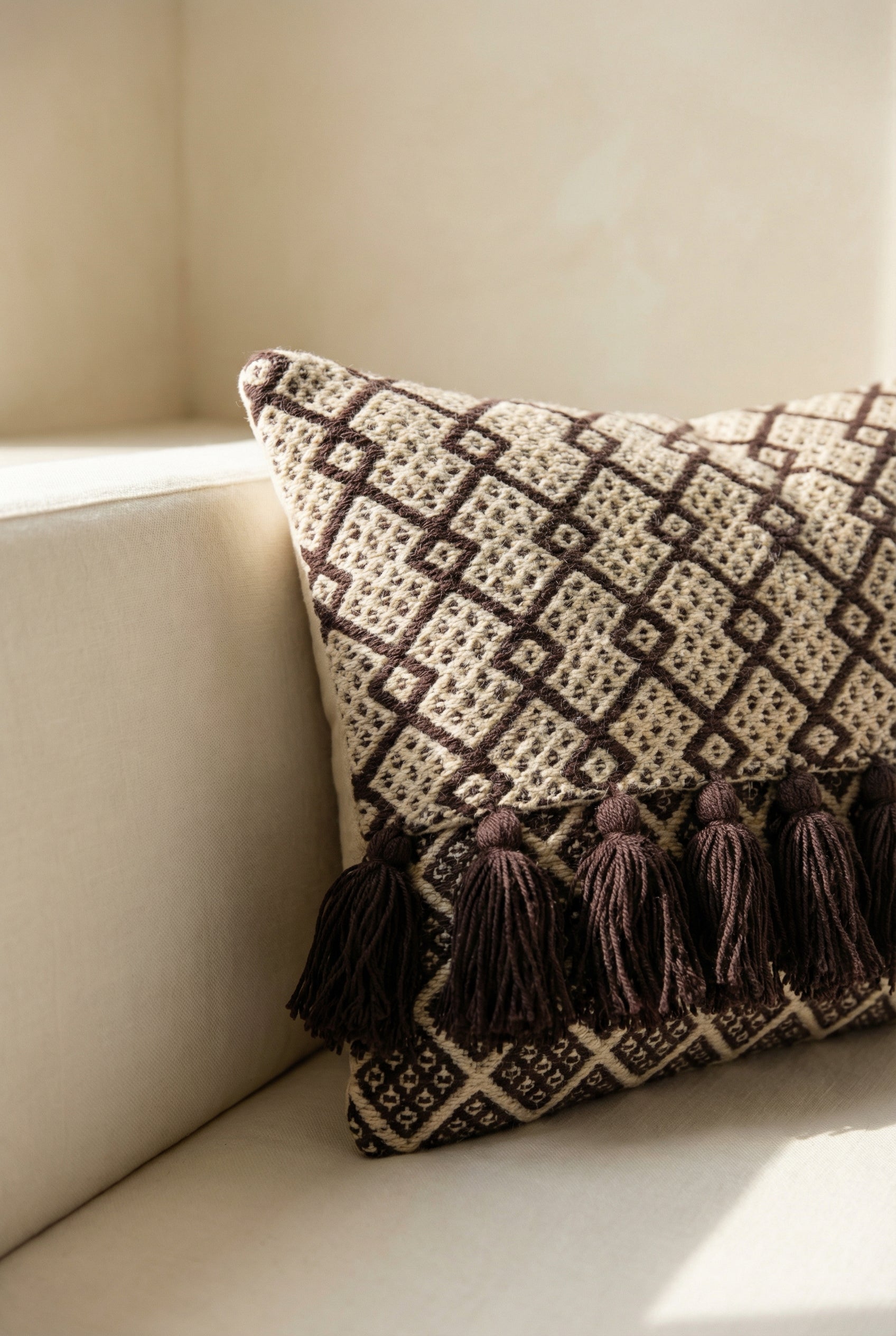 Brown Geometric Squared Cotton Cushion Cover With Tassel Detailing