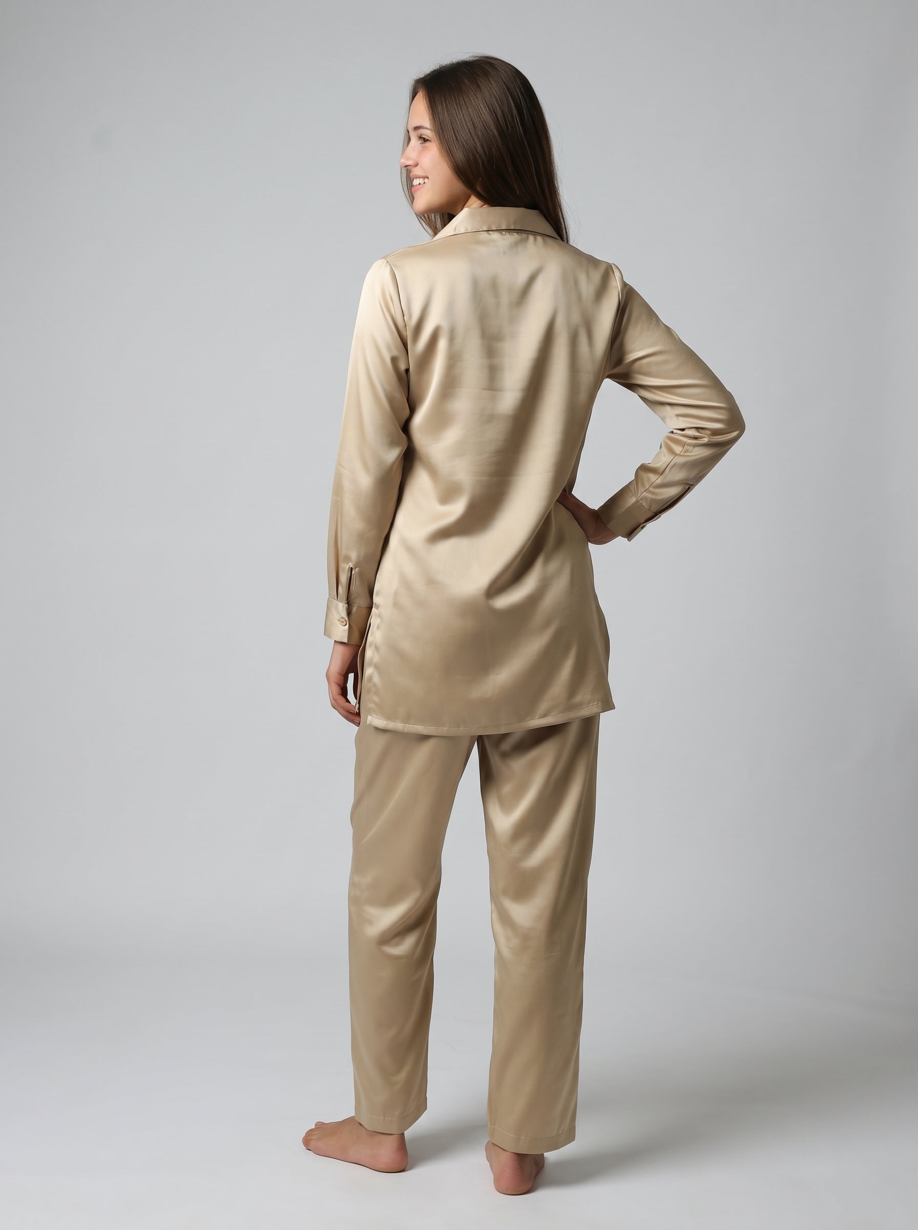 Beige Lapel Collar Solid Print Pure Silk Night Suit For Women