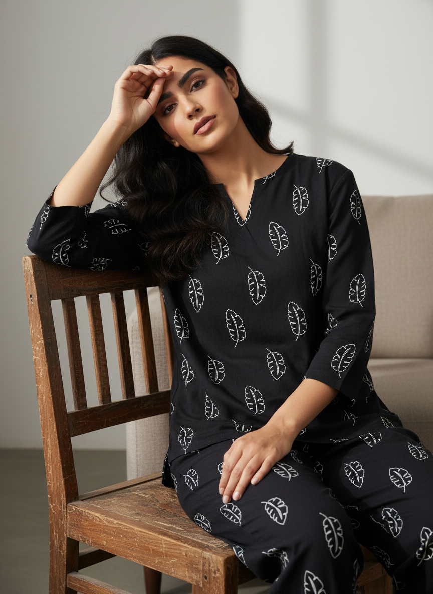 Black Printed Viscose Rayon Round Neck night suit for women