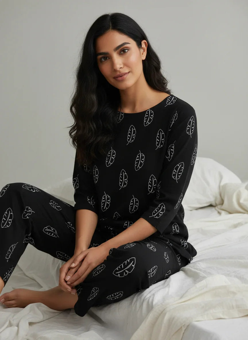 Black Printed Viscose Rayon Round Neck night suit for women - SanskrutiHomes