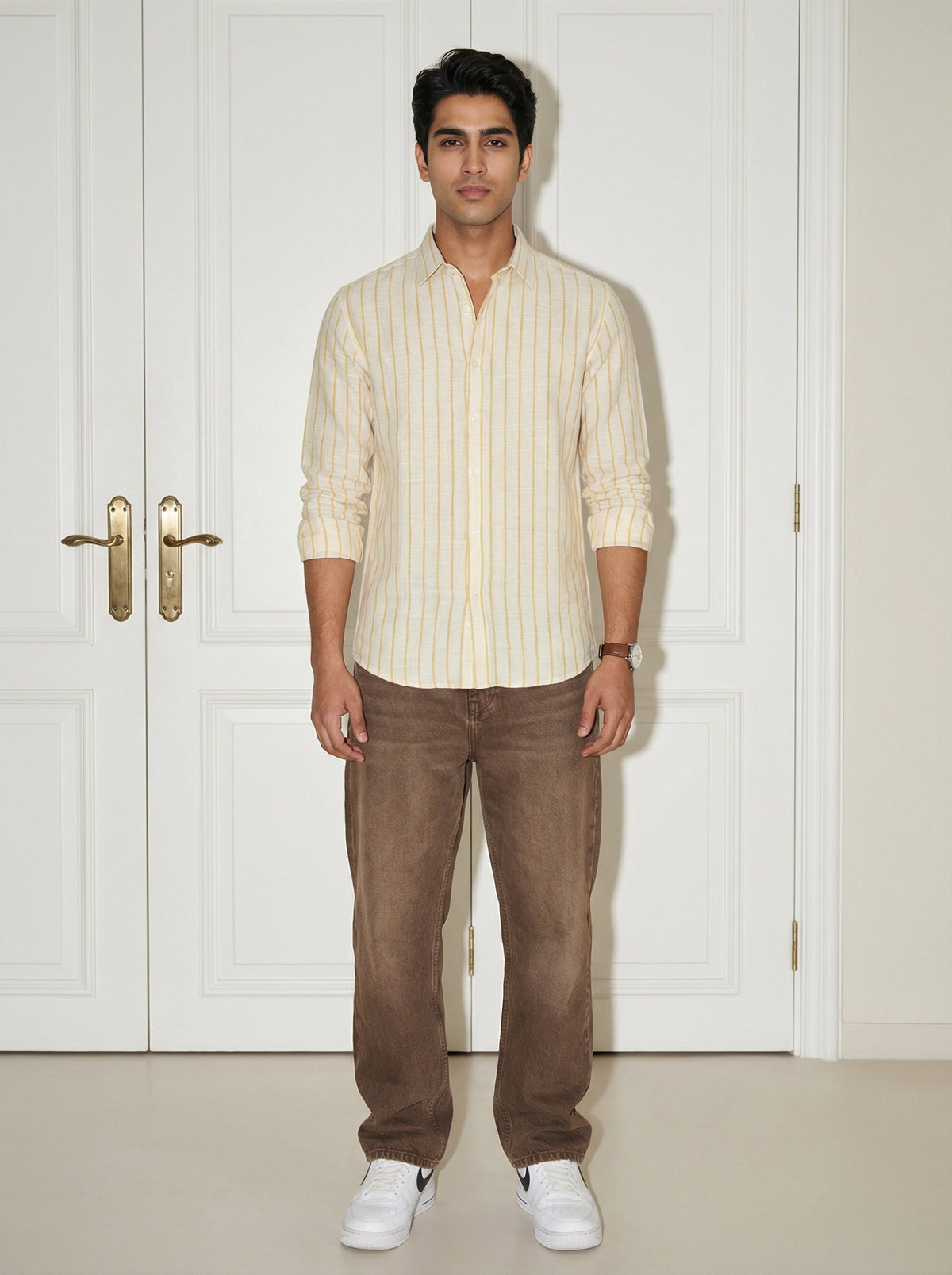 Yellow Striped Band Collar Handloom Cotton Shirt For Men