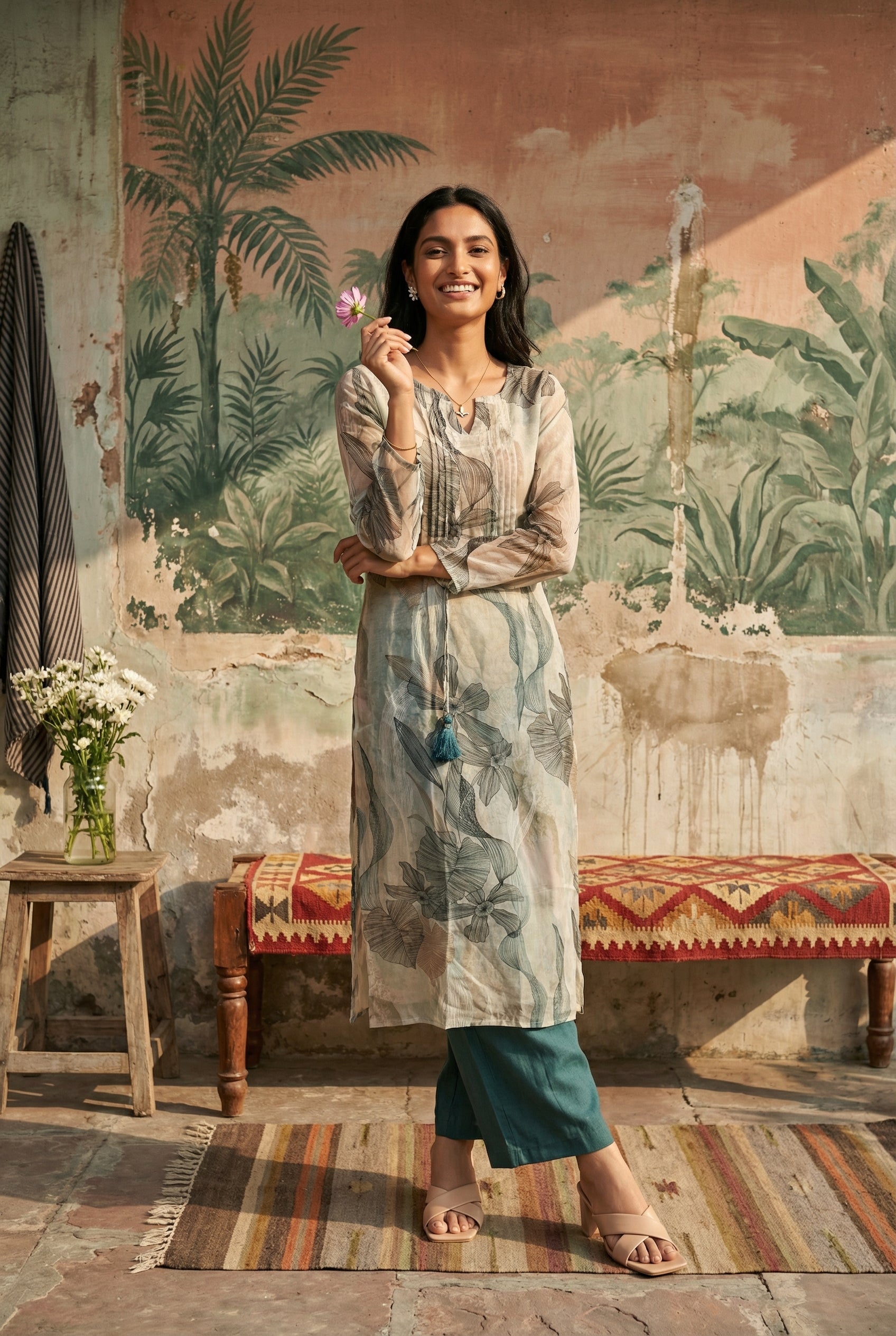 Green Floral Print Round Neck Kurta With Palazzo Set For Women