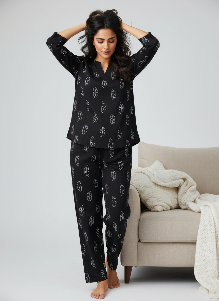 Black Printed Viscose Rayon Round Neck night suit for women