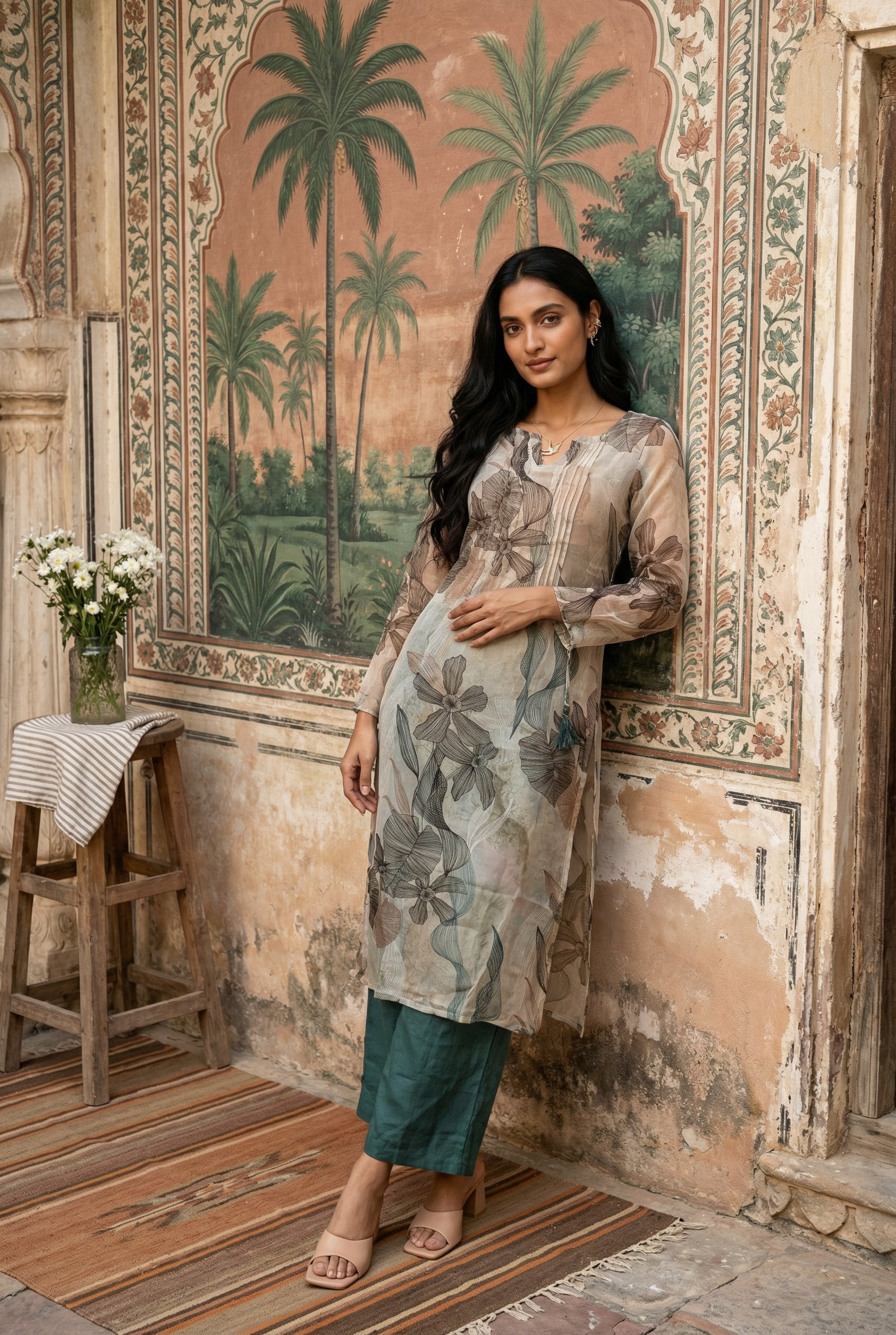Green Floral Print Round Neck Kurta With Palazzo Set For Women