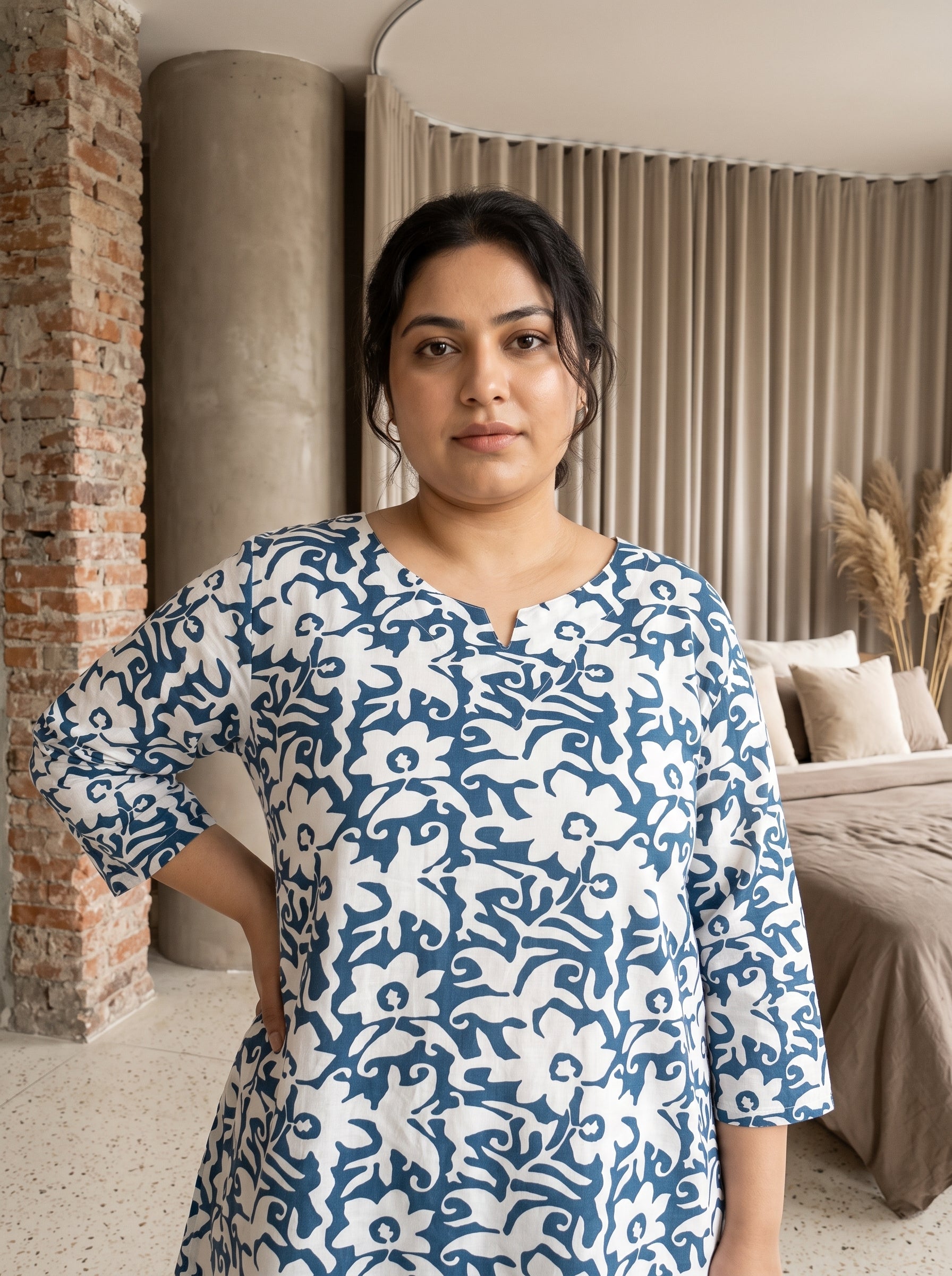 Blue Floral Notch Neck Cotton Plus Size Night Suit For Women