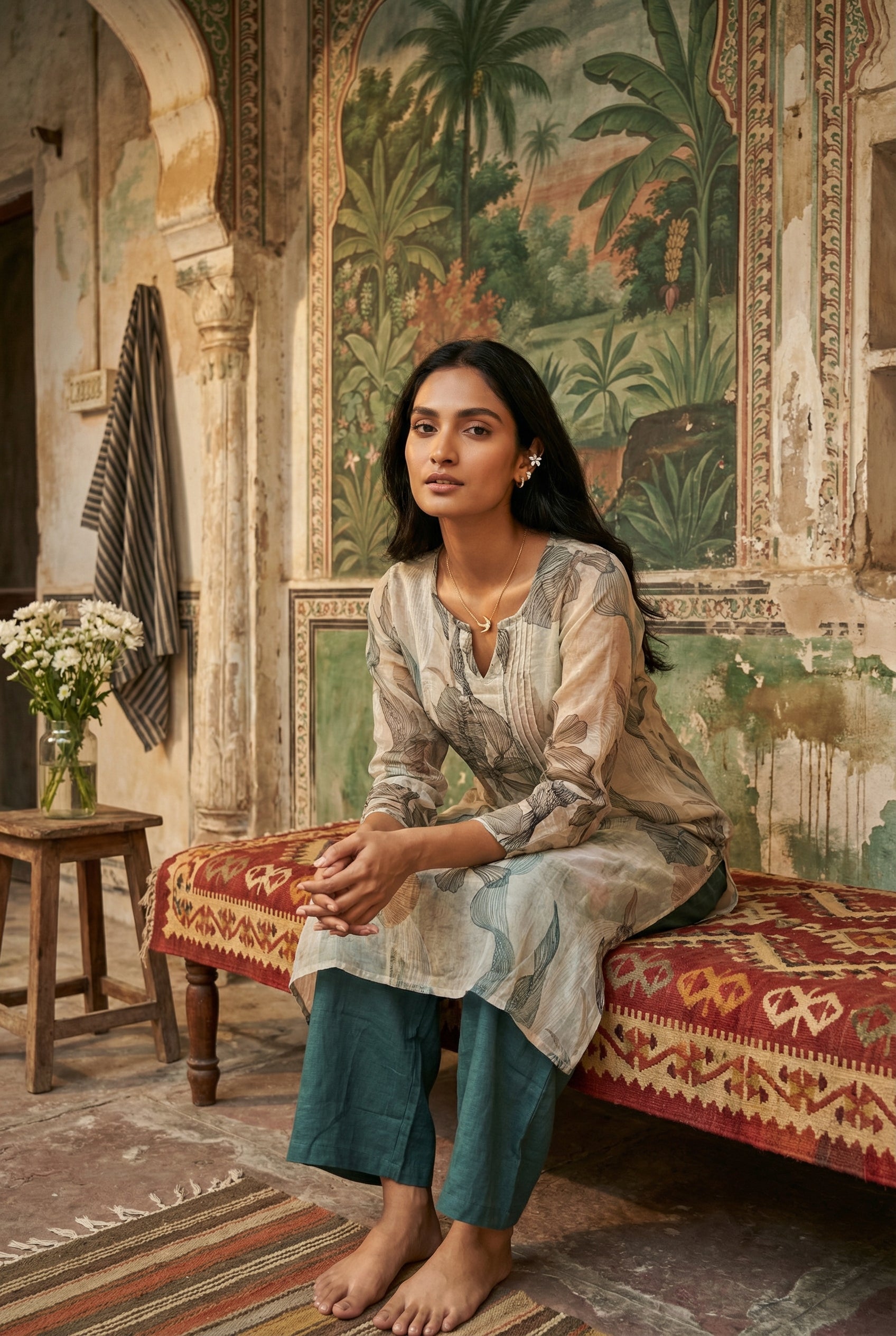 Green Floral Print Round Neck Kurta With Palazzo Set For Women