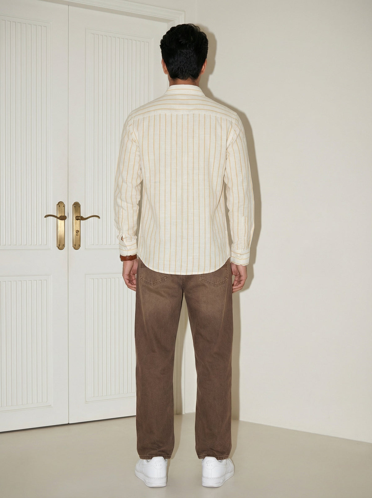 Yellow Striped Band Collar Handloom Cotton Shirt For Men