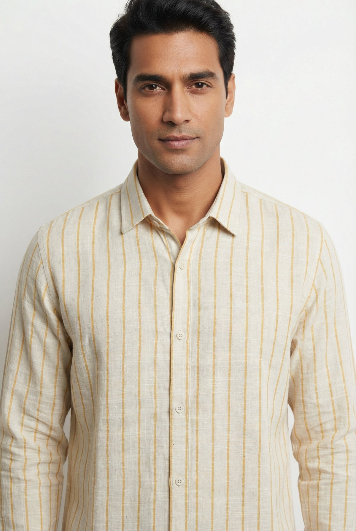 Yellow Striped Band Collar Handloom Cotton Shirt For Men