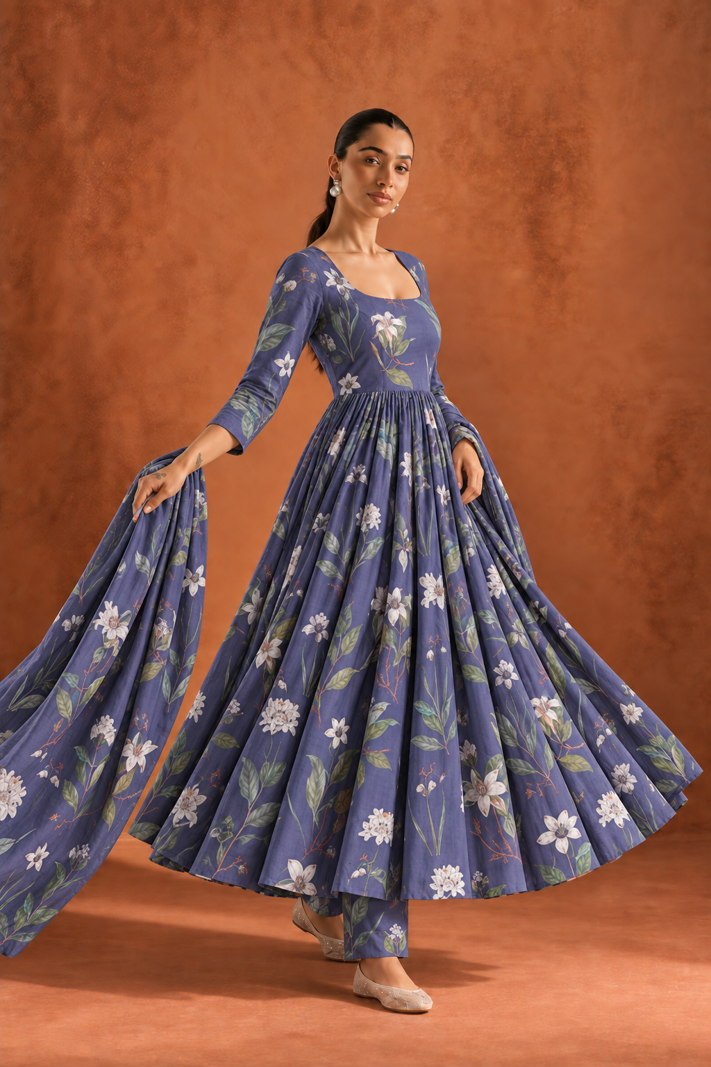 Navy Blue Floral Print Round Neck Anarkali Kurta Set For Women