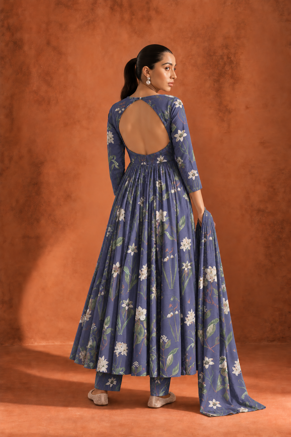 Navy Blue Floral Print Round Neck Anarkali Kurta Set For Women