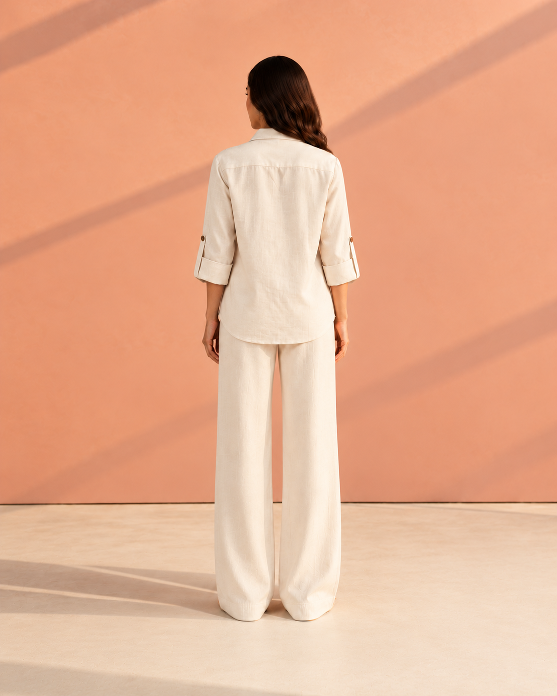 Off White Solid Cuban Collar Roll-Up Curved Hemline Hunter Shirt For Women