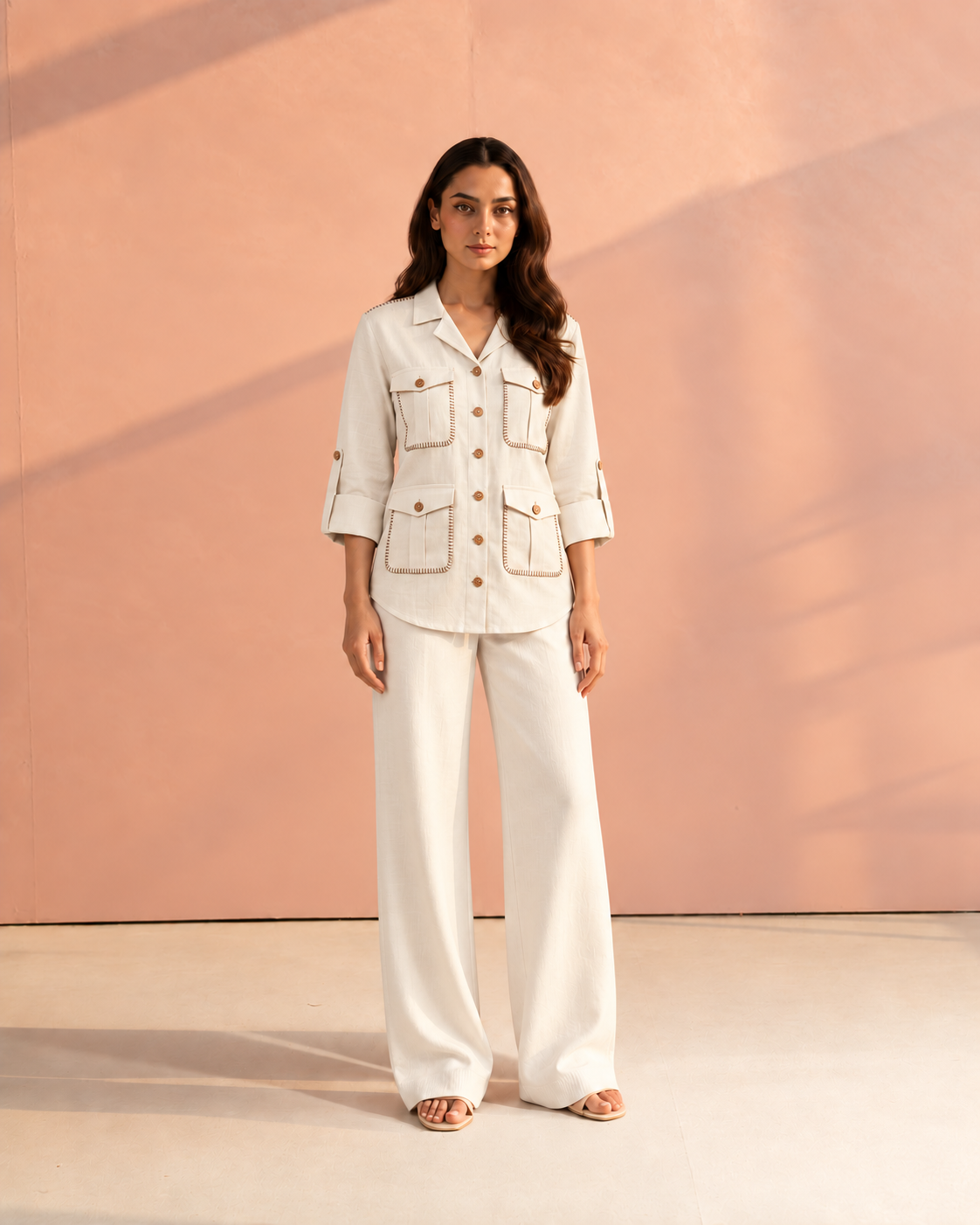 Off White Solid Cuban Collar Roll-Up Curved Hemline Hunter Shirt For Women