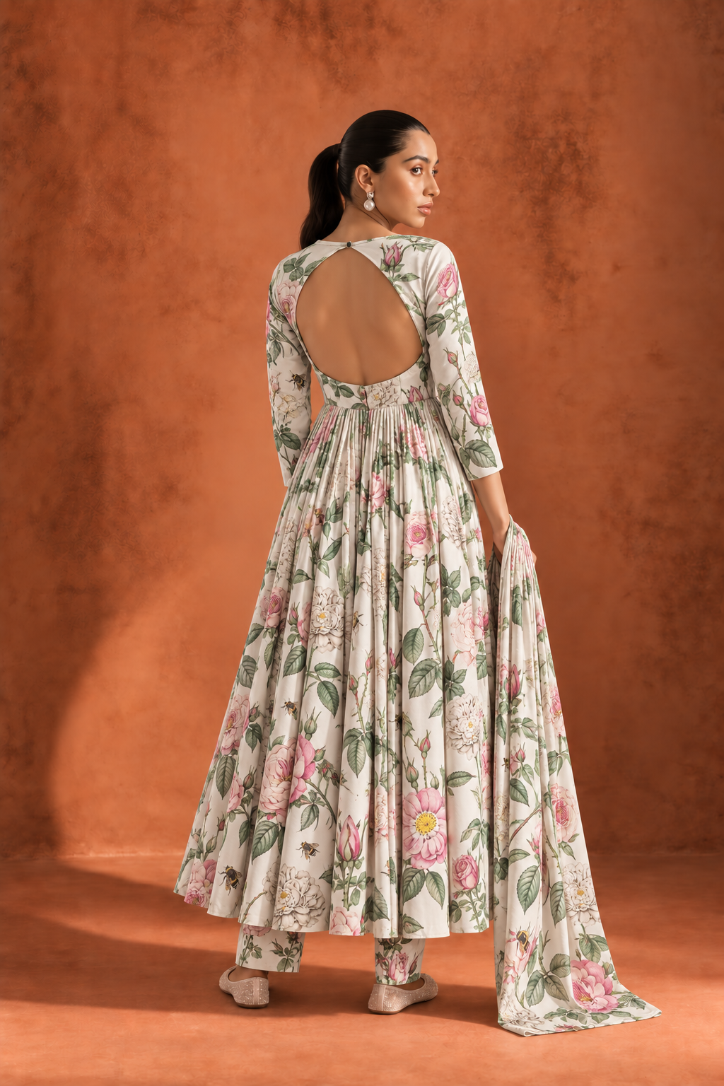 White Round Neck Floral Print Anarkali Kurta With Palazzos & Dupatta Set
