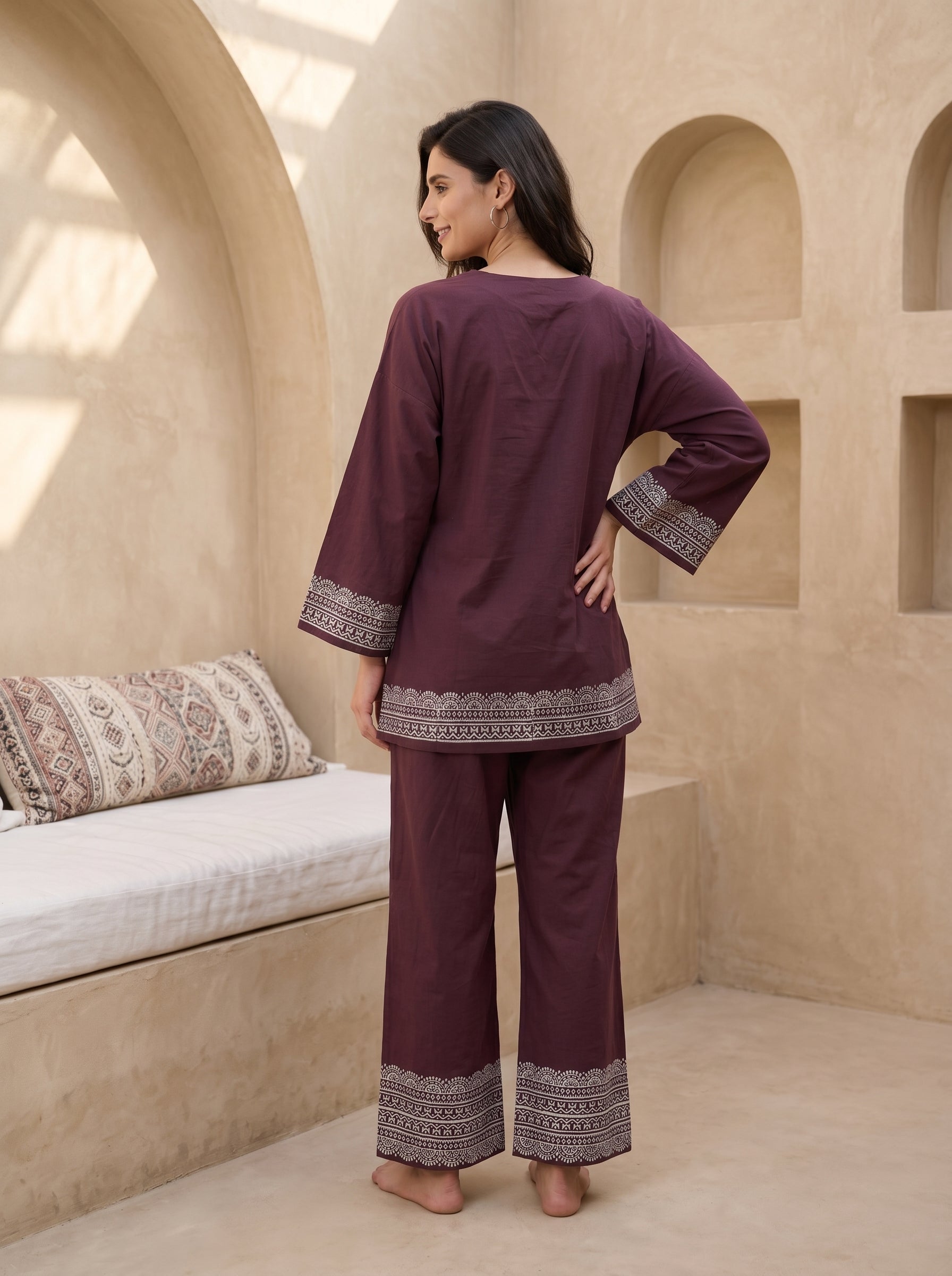 Maroon Floral Print V-Neck Pure cotton Night Suit For Women