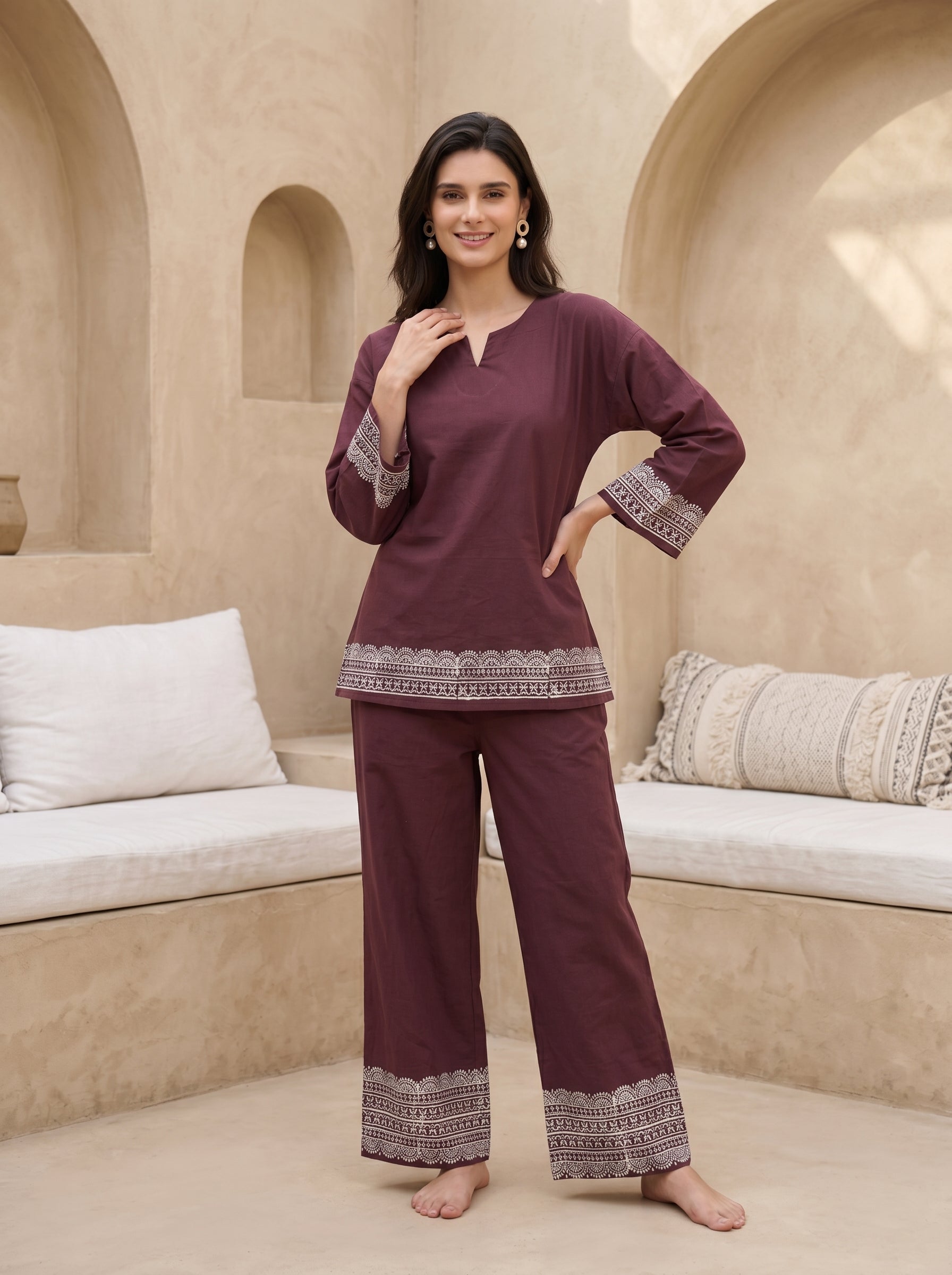 Maroon Floral Print V-Neck Pure cotton Night Suit For Women