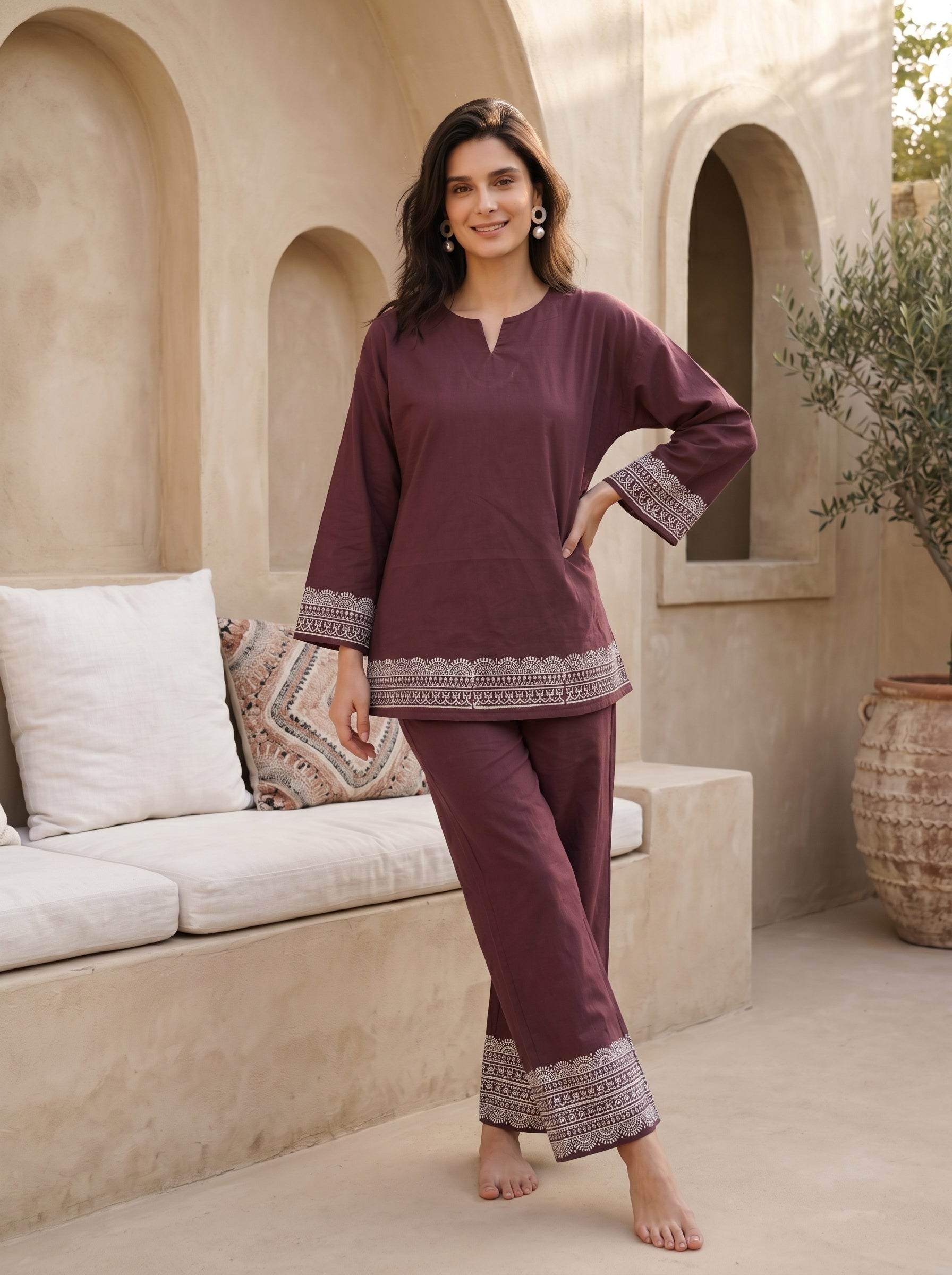 Maroon Floral Print V-Neck Pure cotton Night Suit For Women