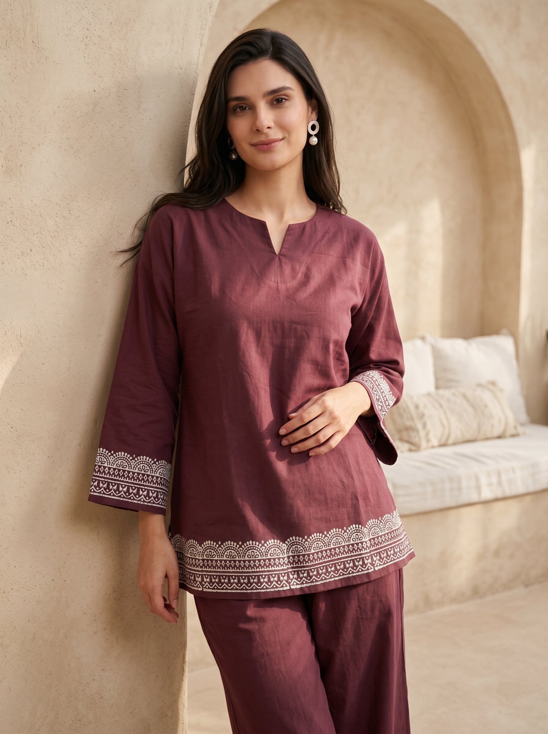 Maroon Floral Print V-Neck Pure cotton Night Suit For Women