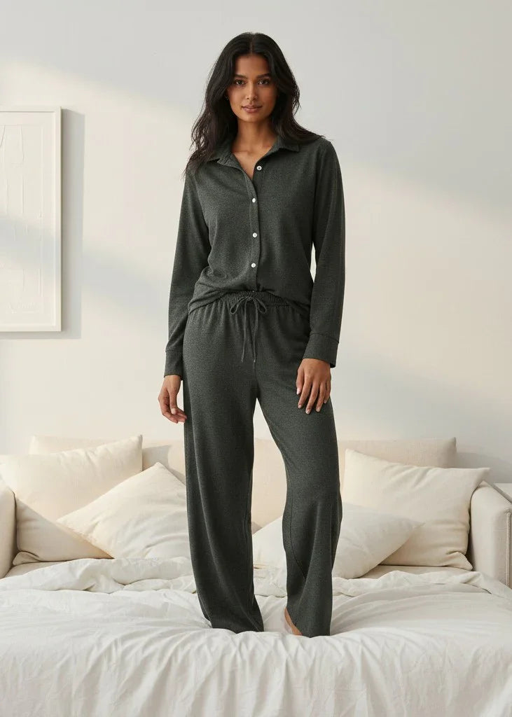 Green Solid Pure Cotton Shirt winter Collar Night Suit for Women - SanskrutiHomes