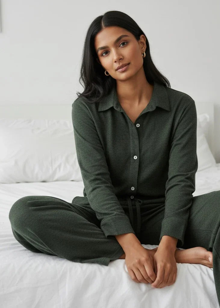 Green Solid Pure Cotton Shirt winter Collar Night Suit for Women - SanskrutiHomes