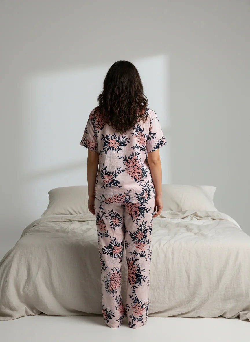 Pink Cotton Printed Night Suit Set with Pajama for Women - SanskrutiHomes