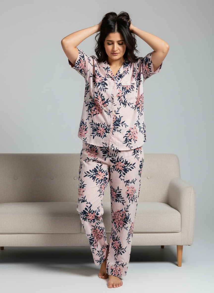 Pink Cotton Printed Night Suit Set with Pajama for Women