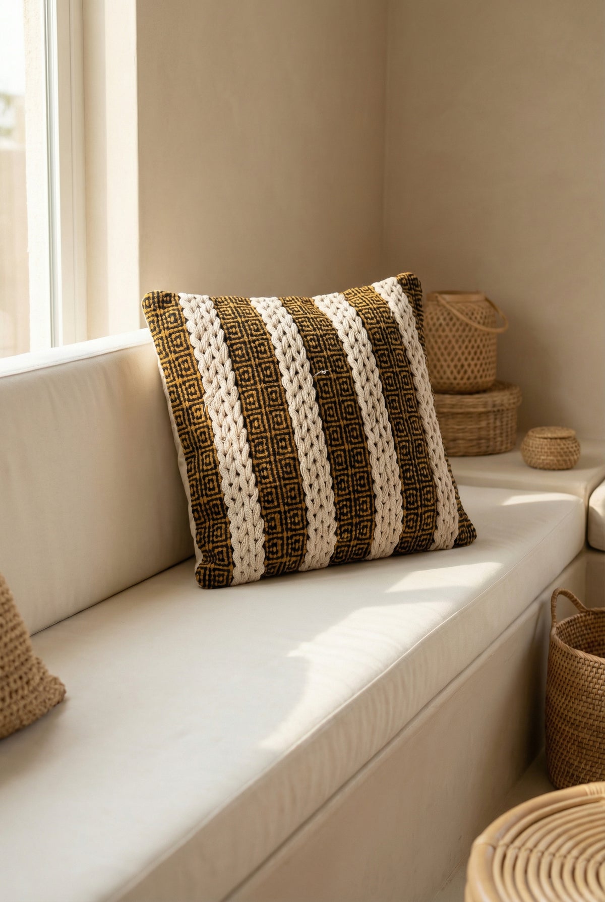 Black Geometric Embroidered Cotton Square Cushion Cover