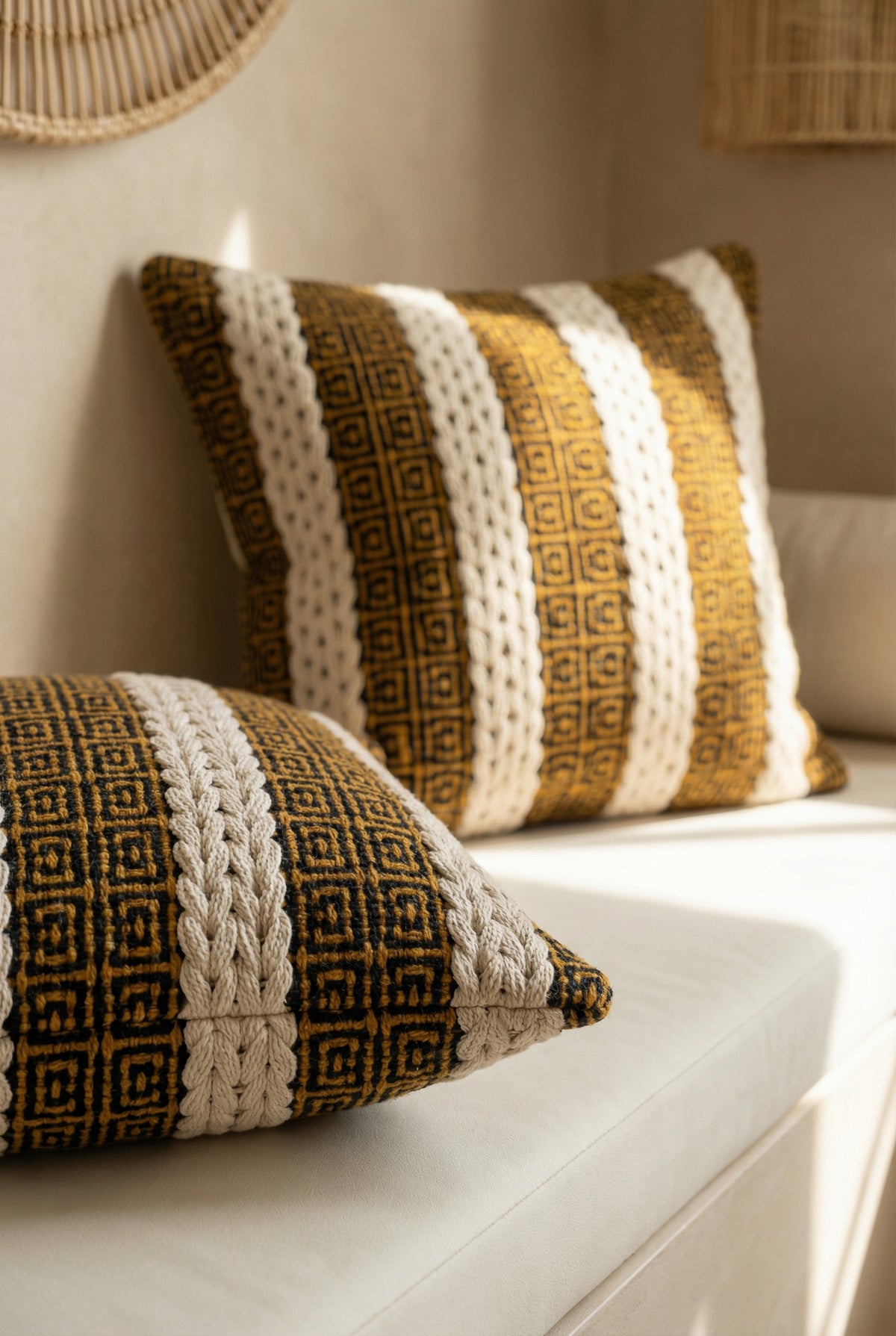 Black Geometric Embroidered Cotton Square Cushion Cover