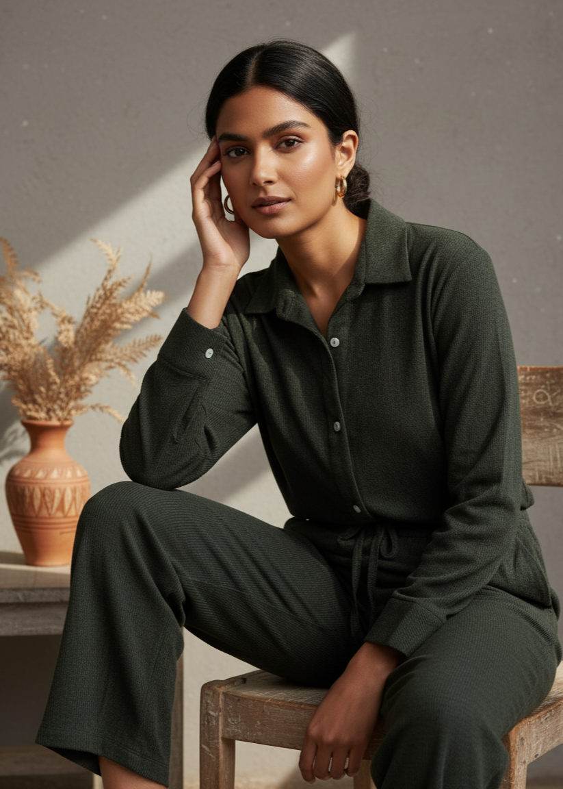 Green Solid Shirt Collar Pure Cotton Night Suit for Women