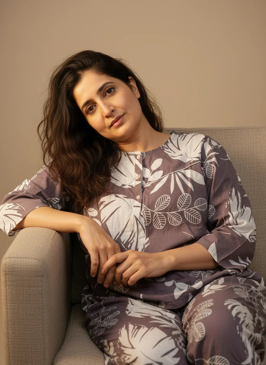 Purple Printed Round Neck Cotton Night Suit Set for Women - SanskrutiHomes