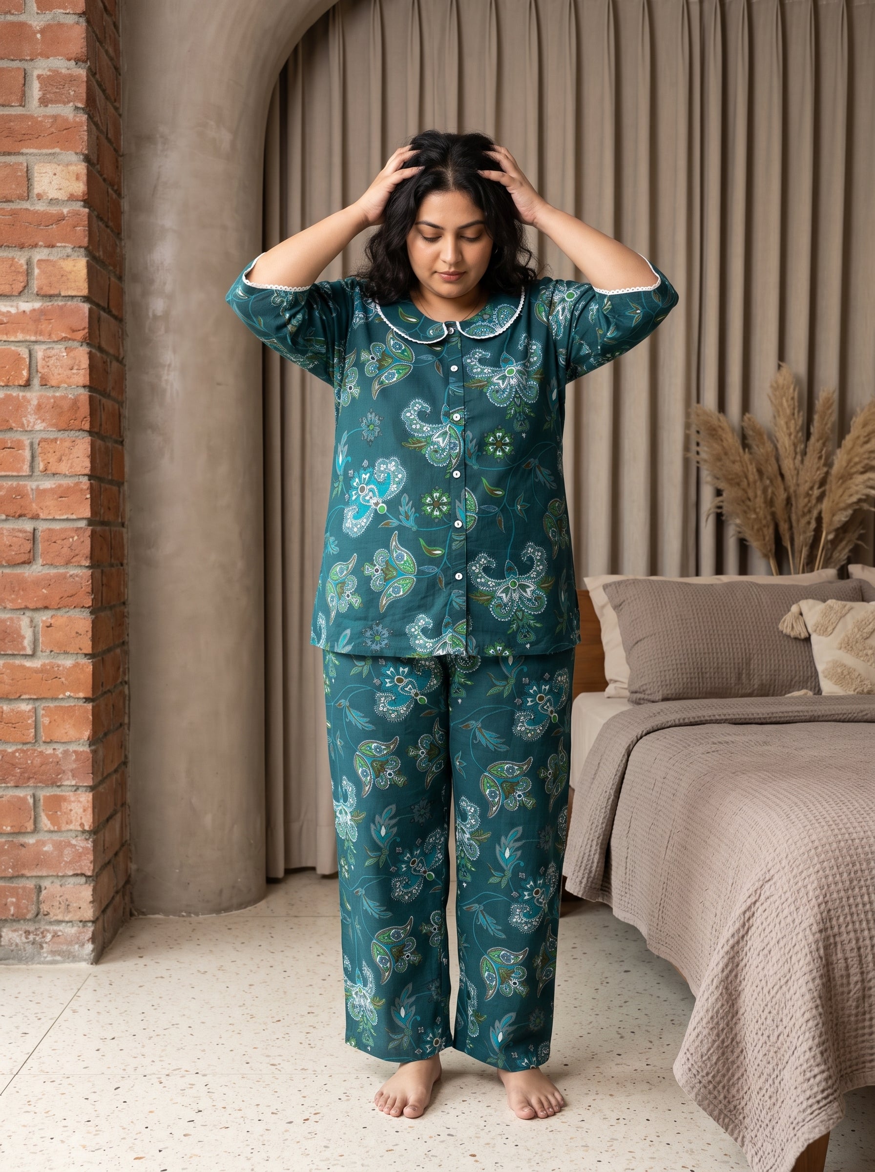 Teal Paisley Peter Pan Collar Cotton Plus Size Night Suit For Women