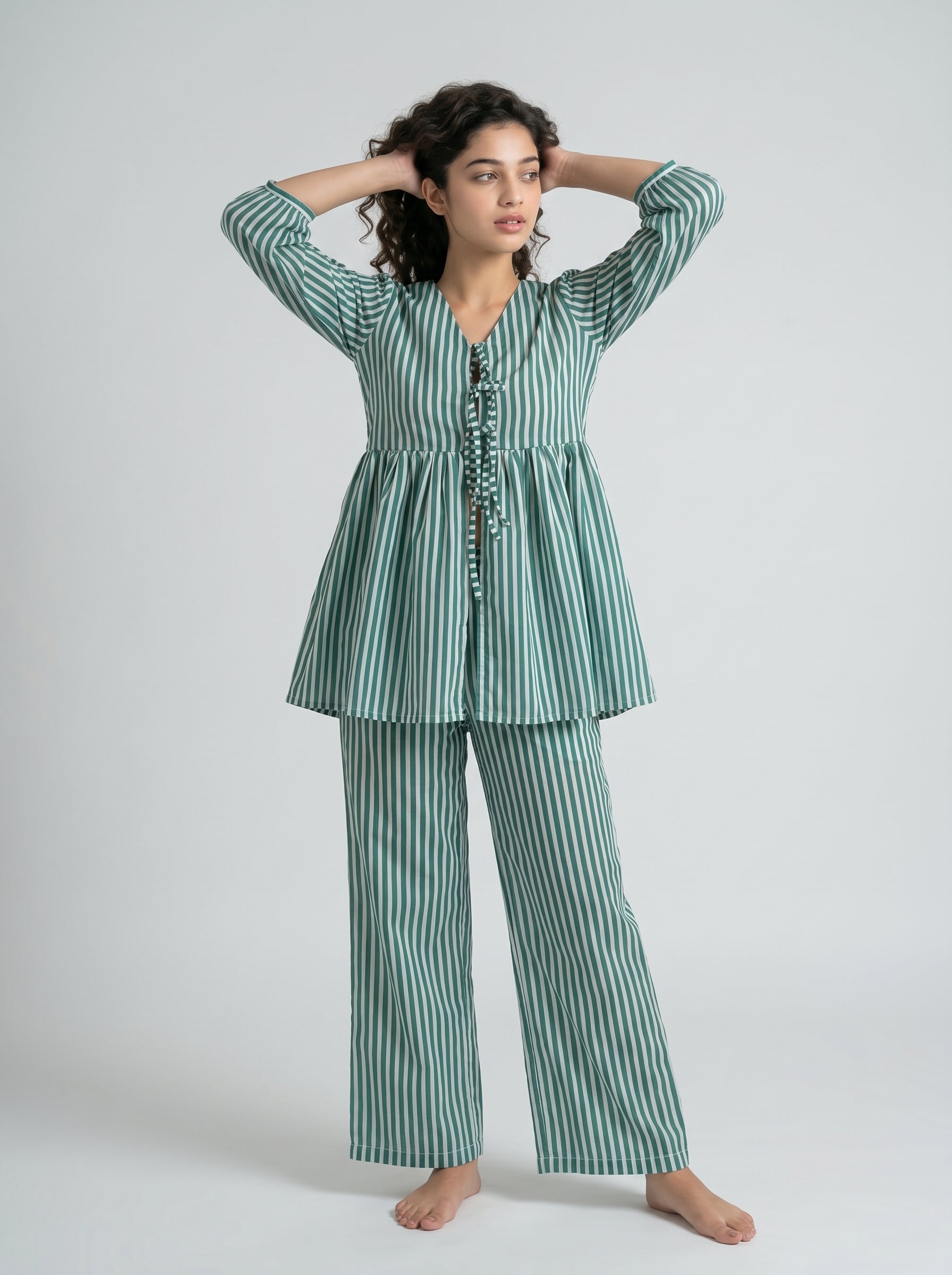 Green V-Neck Stripe Print Pure Cotton Night Suit For Women