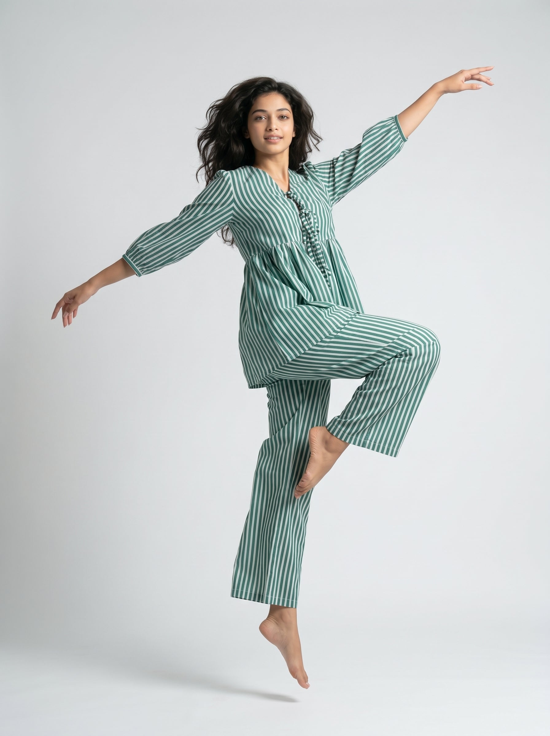 Green V-Neck Stripe Print Pure Cotton Night Suit For Women