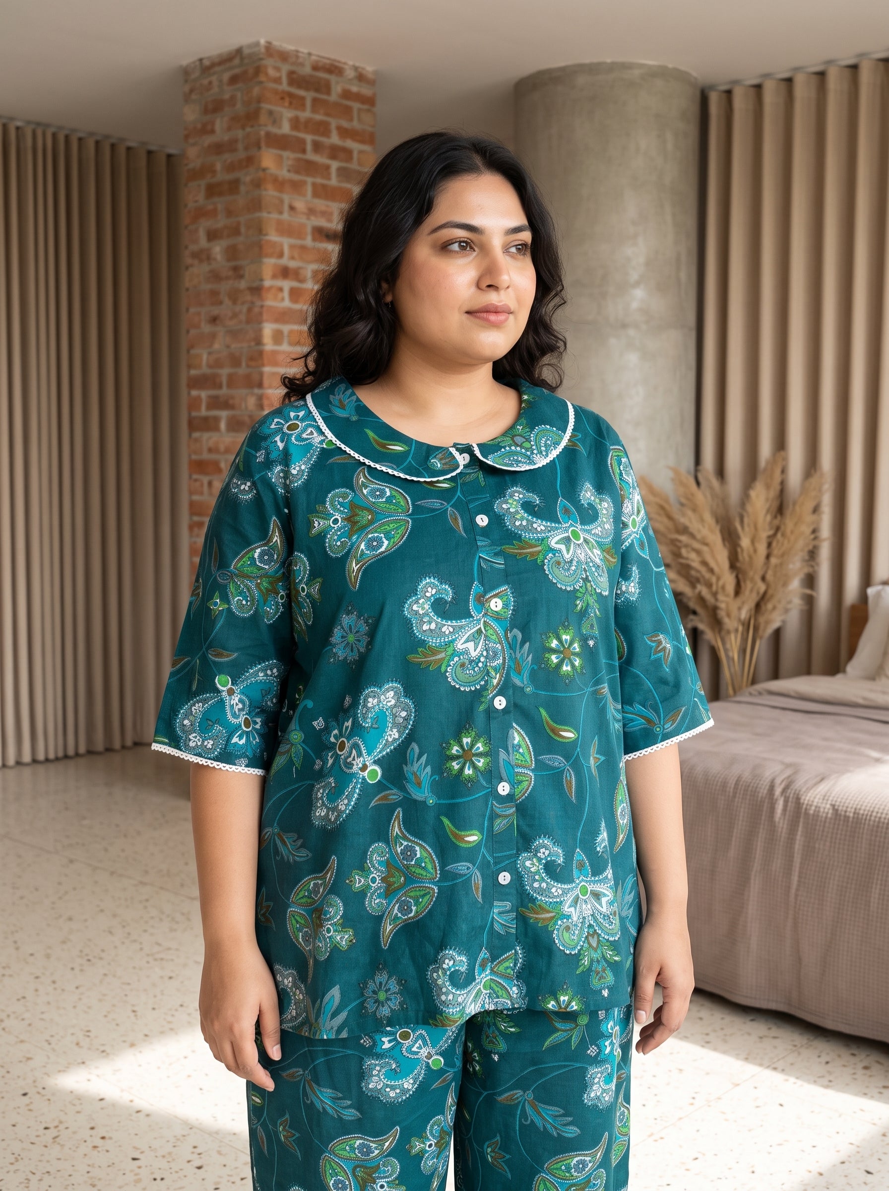 Teal Paisley Peter Pan Collar Cotton Plus Size Night Suit For Women