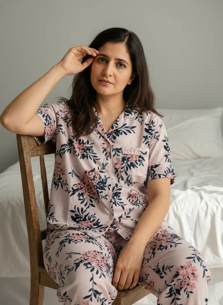 Pink Cotton Printed Night Suit Set with Pajama for Women - SanskrutiHomes