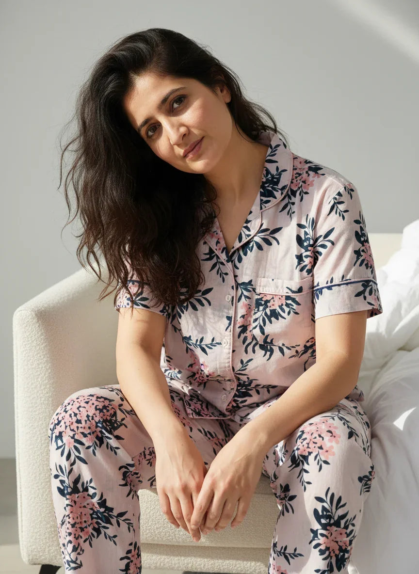 Pink Cotton Printed Night Suit Set with Pajama for Women - SanskrutiHomes