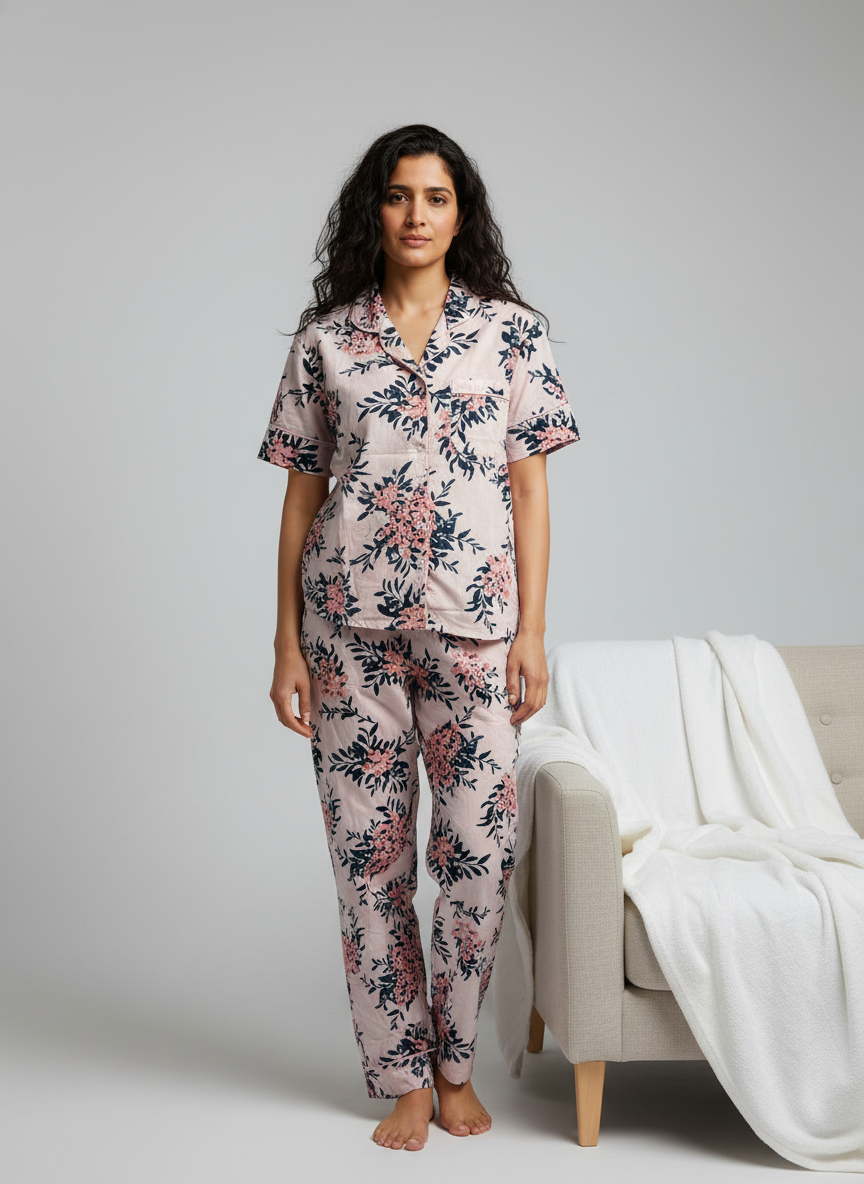 Pink Cotton Printed Night Suit Set with Pajama for Women
