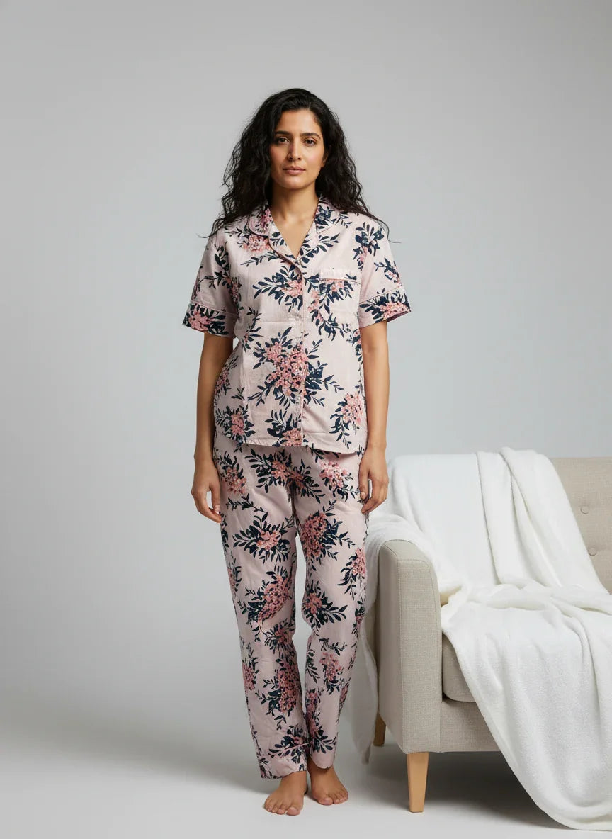 Pink Cotton Printed Night Suit Set with Pajama for Women - SanskrutiHomes