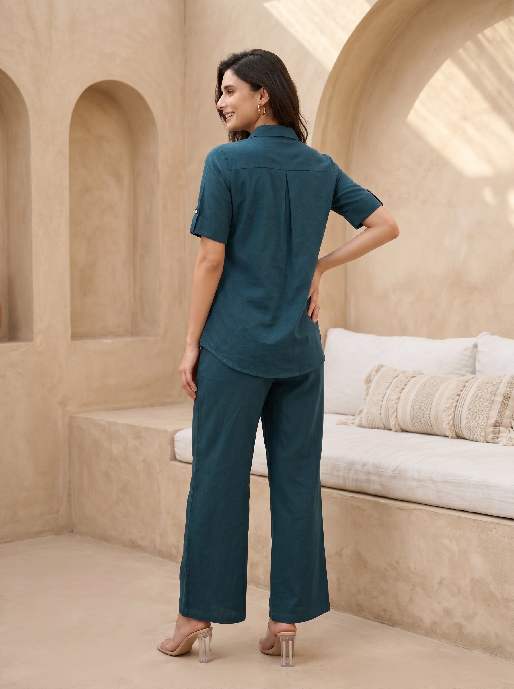 Teal Shirt Collar Solid Print Pure Cotton Night Suit for women
