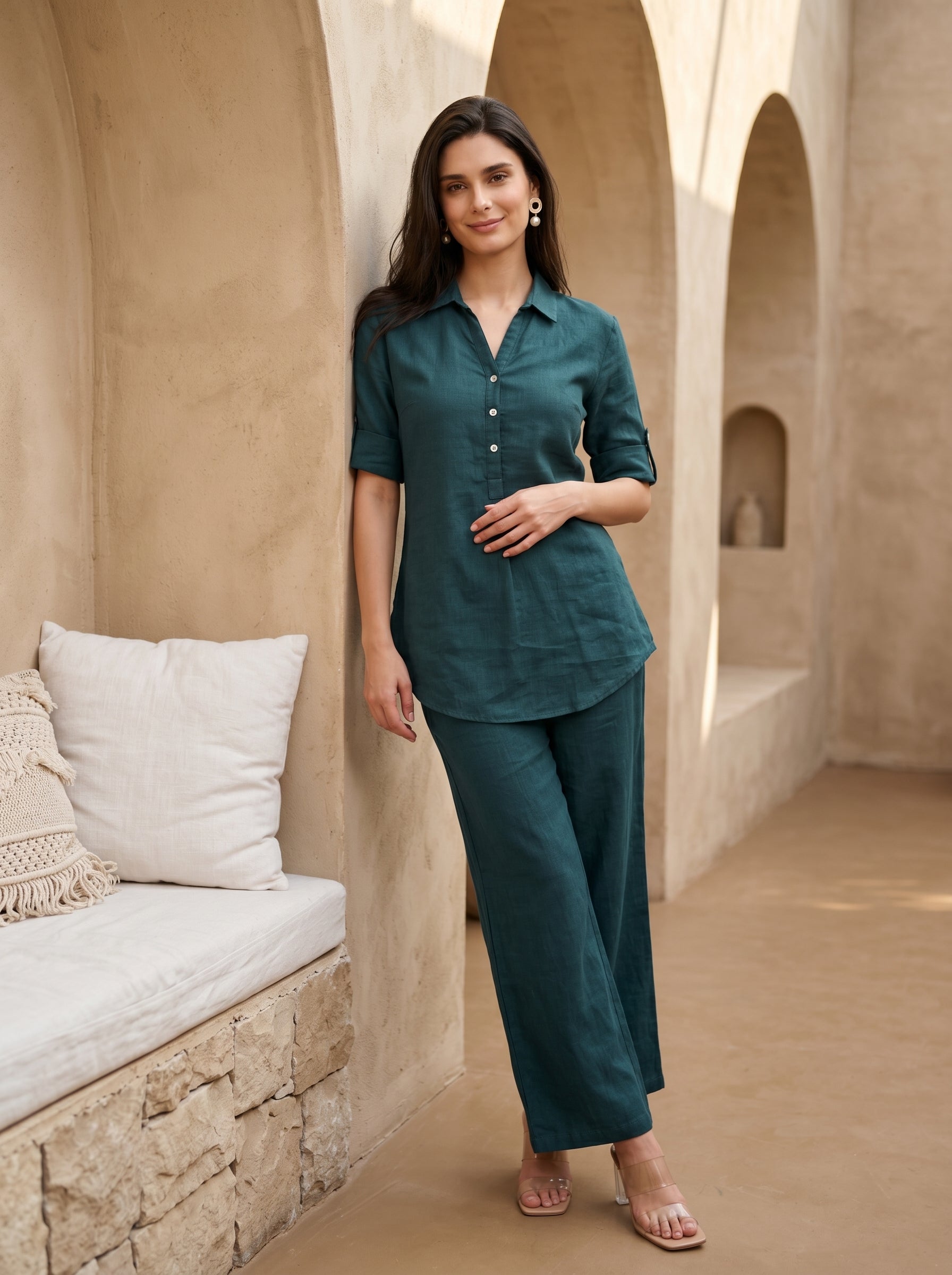 Teal Shirt Collar Solid Print Pure Cotton Night Suit for women