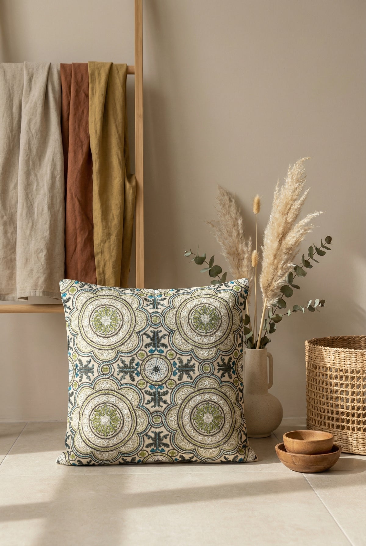 Green Ethnic Motifs Embroidered Cotton Square Cushion Cover