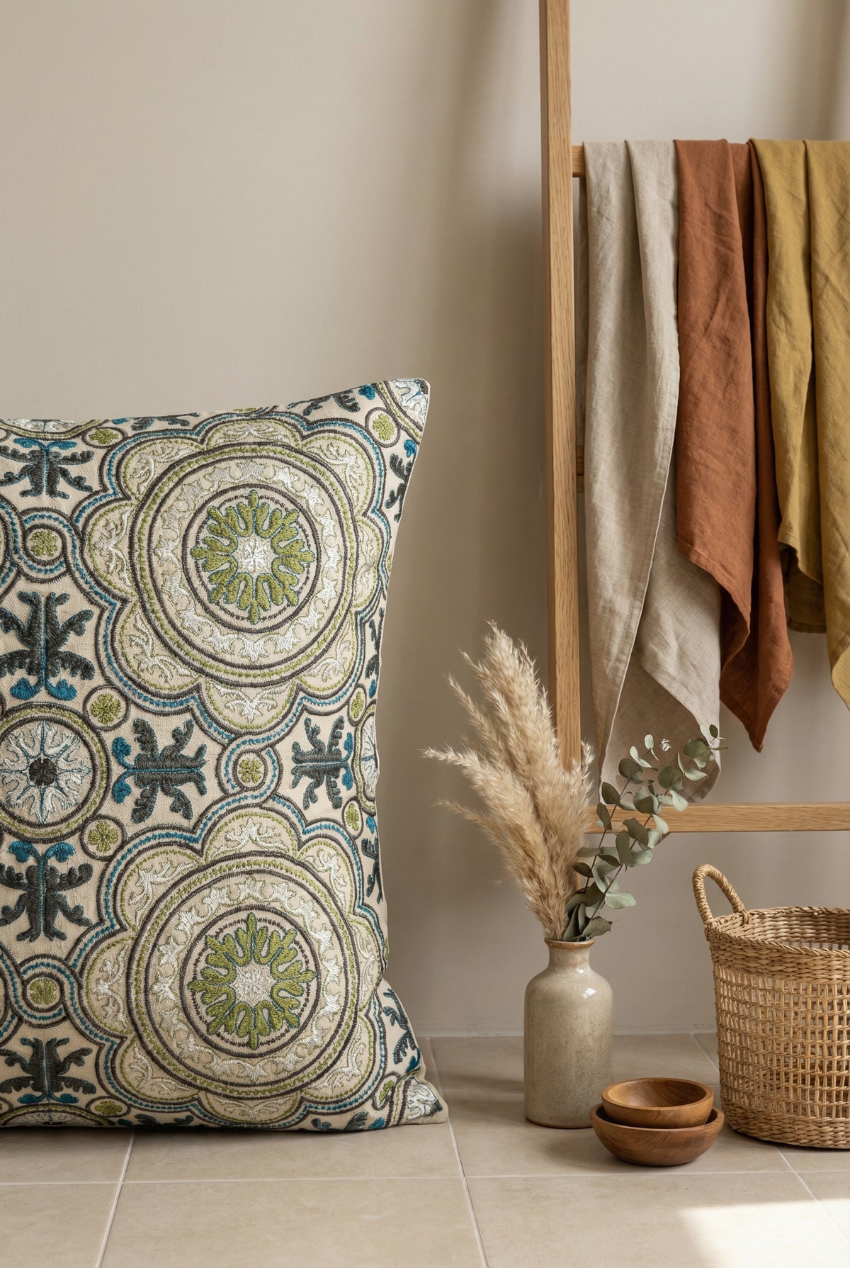 Green Ethnic Motifs Embroidered Cotton Square Cushion Cover
