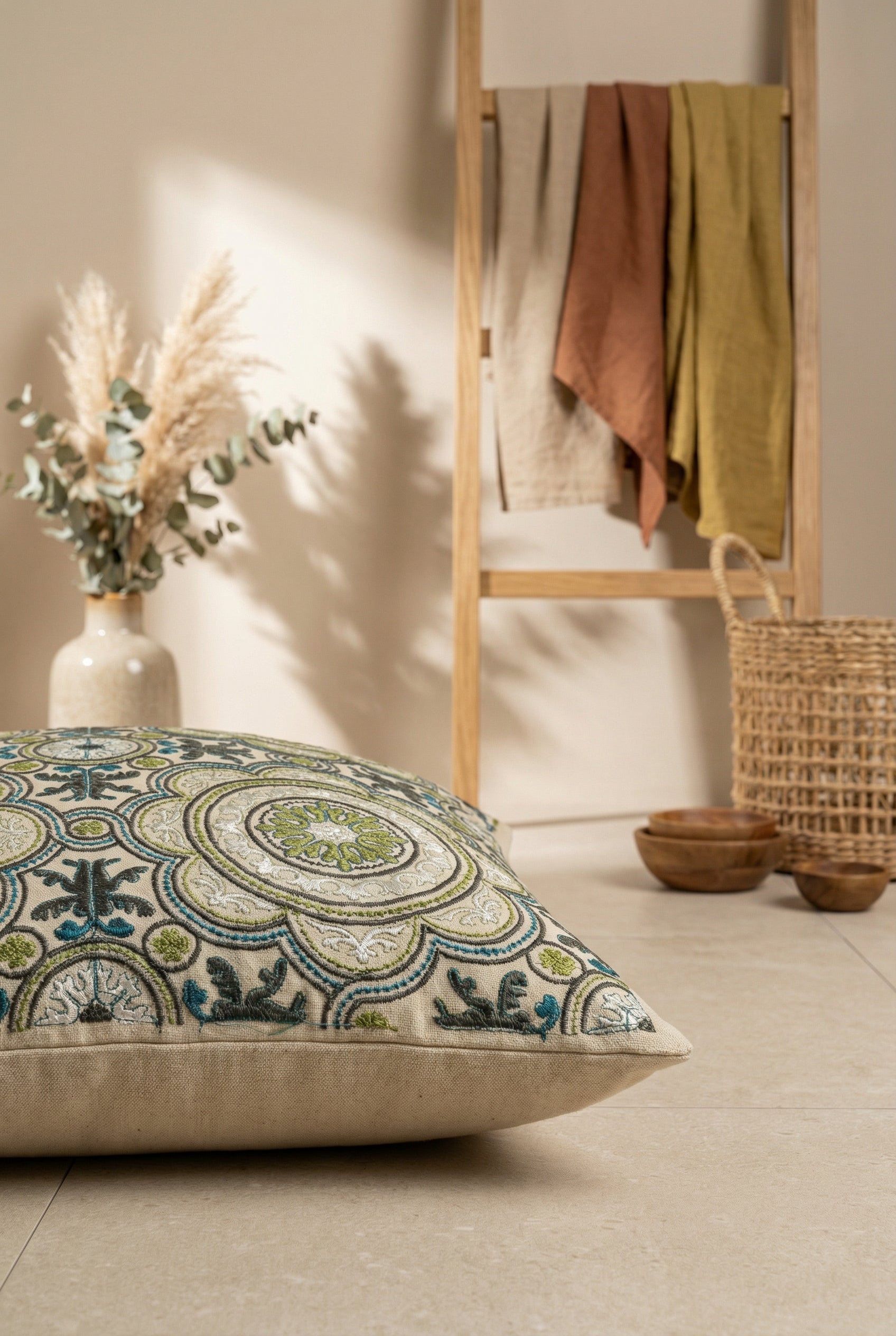 Green Embroidered Cotton Square Cushion Covers